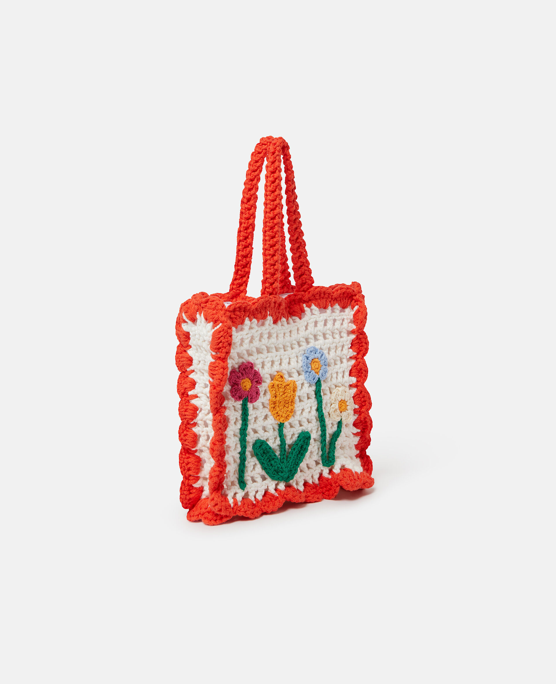 Borsa Tote Lavorata all&rsquo;Uncinetto con Applicazioni Floreali-Bianco-medium