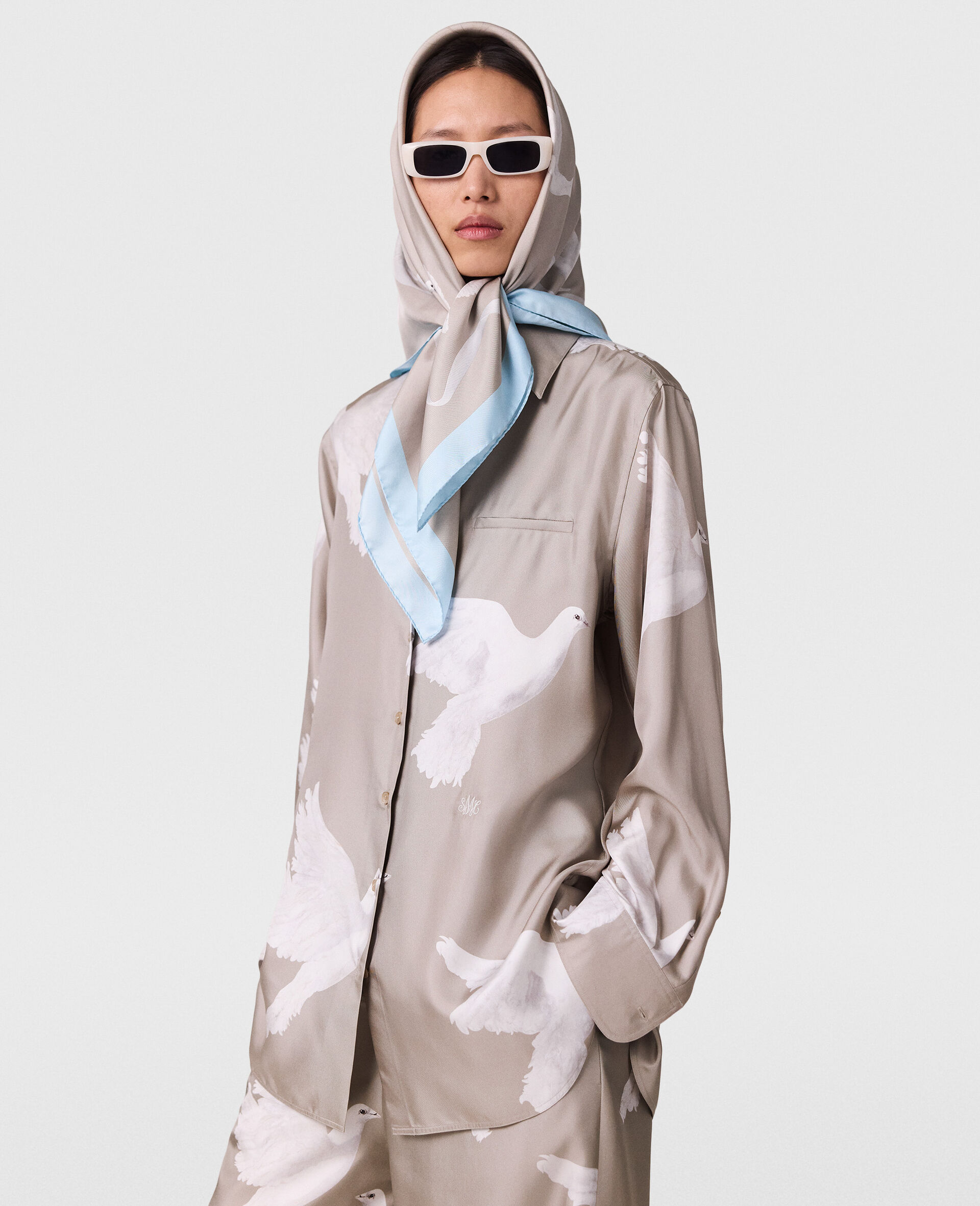 Oversized Dove Print Shirt-Beige-model