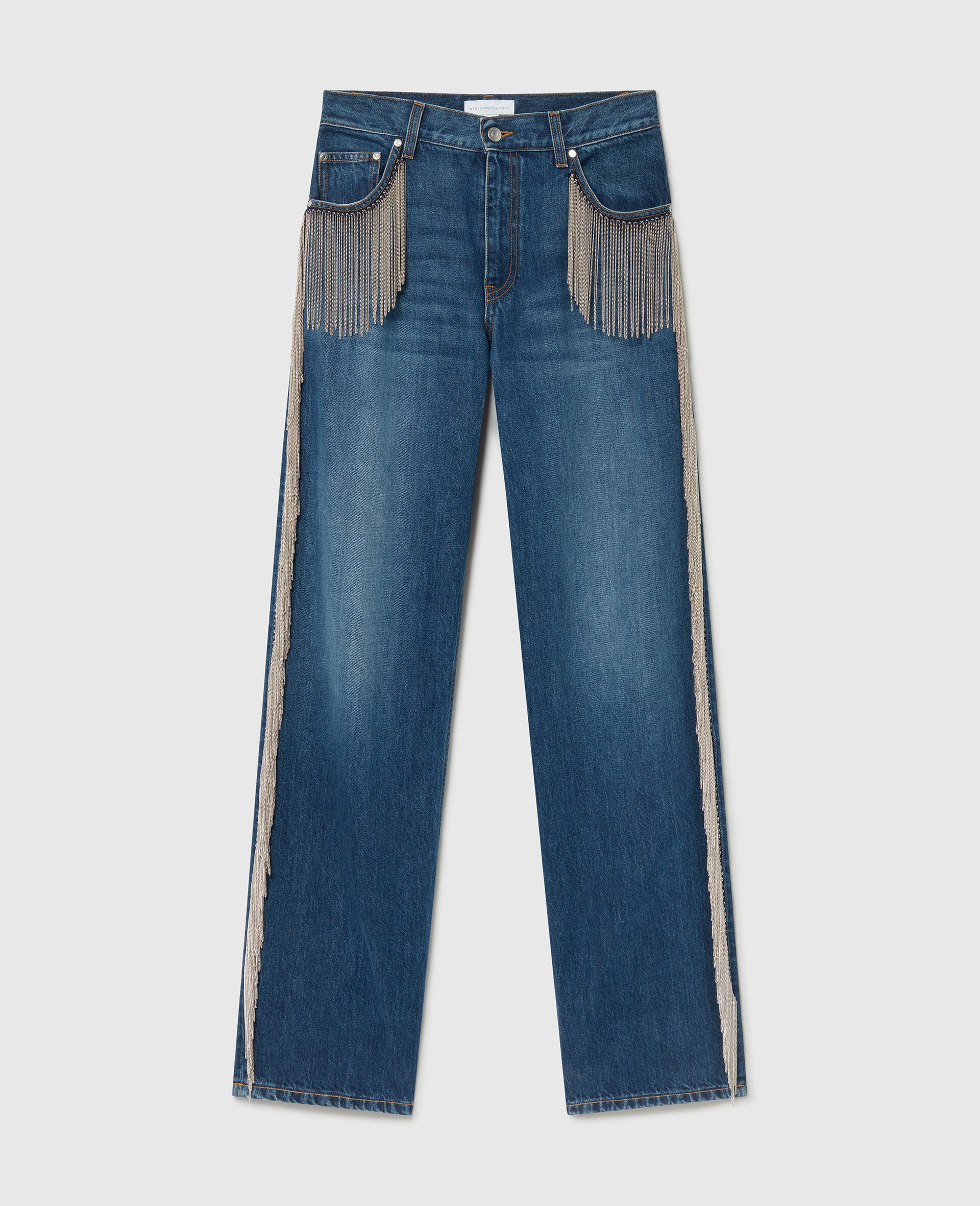 Chain Tassel Straight-Leg Denim Jeans-Blue-medium