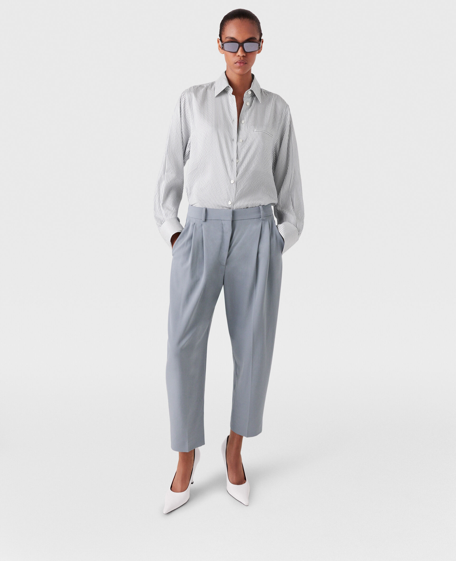 Pleated High-Rise Wool Trousers-Grey-large image number 5