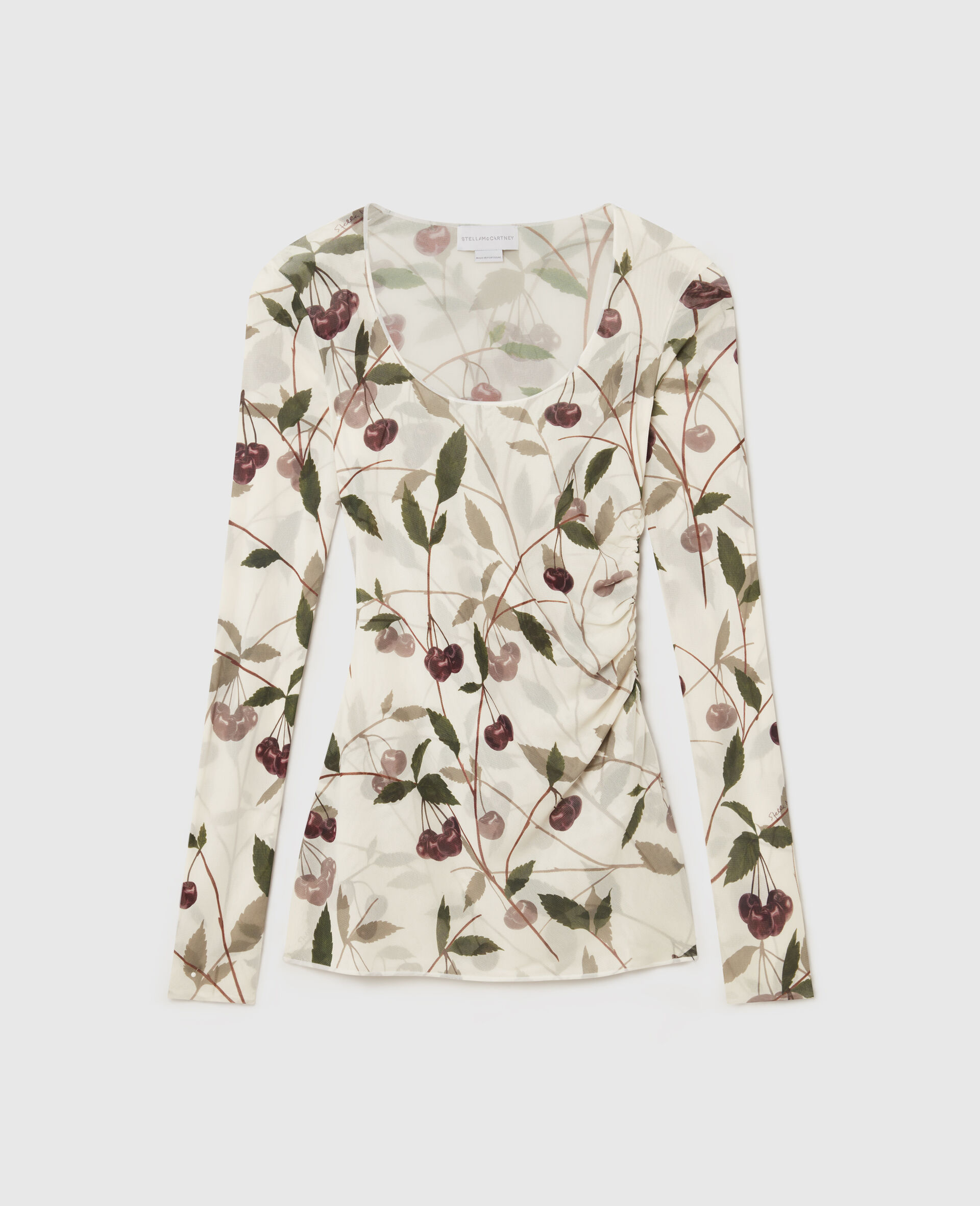 Cherry Print Mesh Long Sleeve Top-Beige-medium