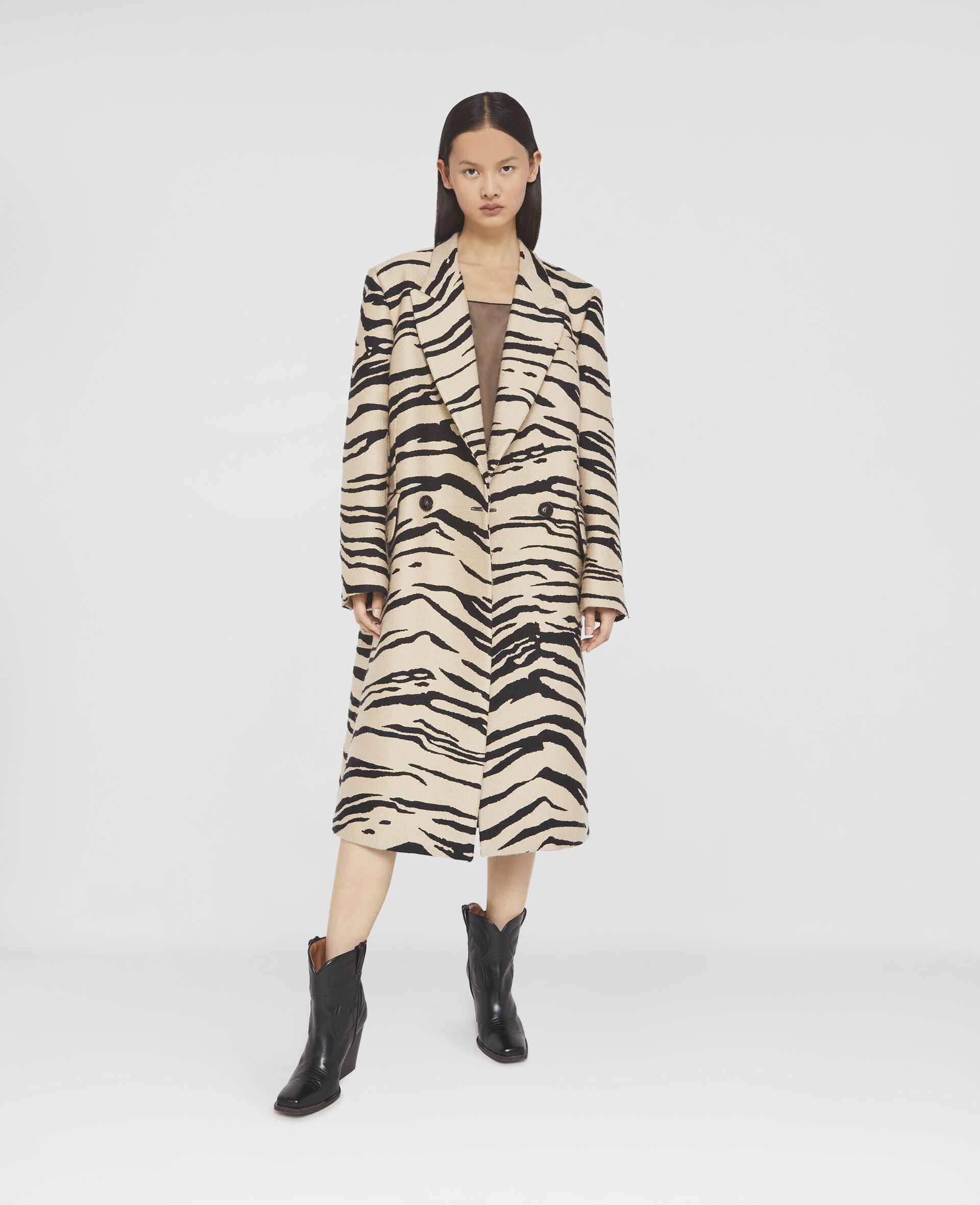 Tiger Print Double-Breasted Coat-Beige-large image number 1
