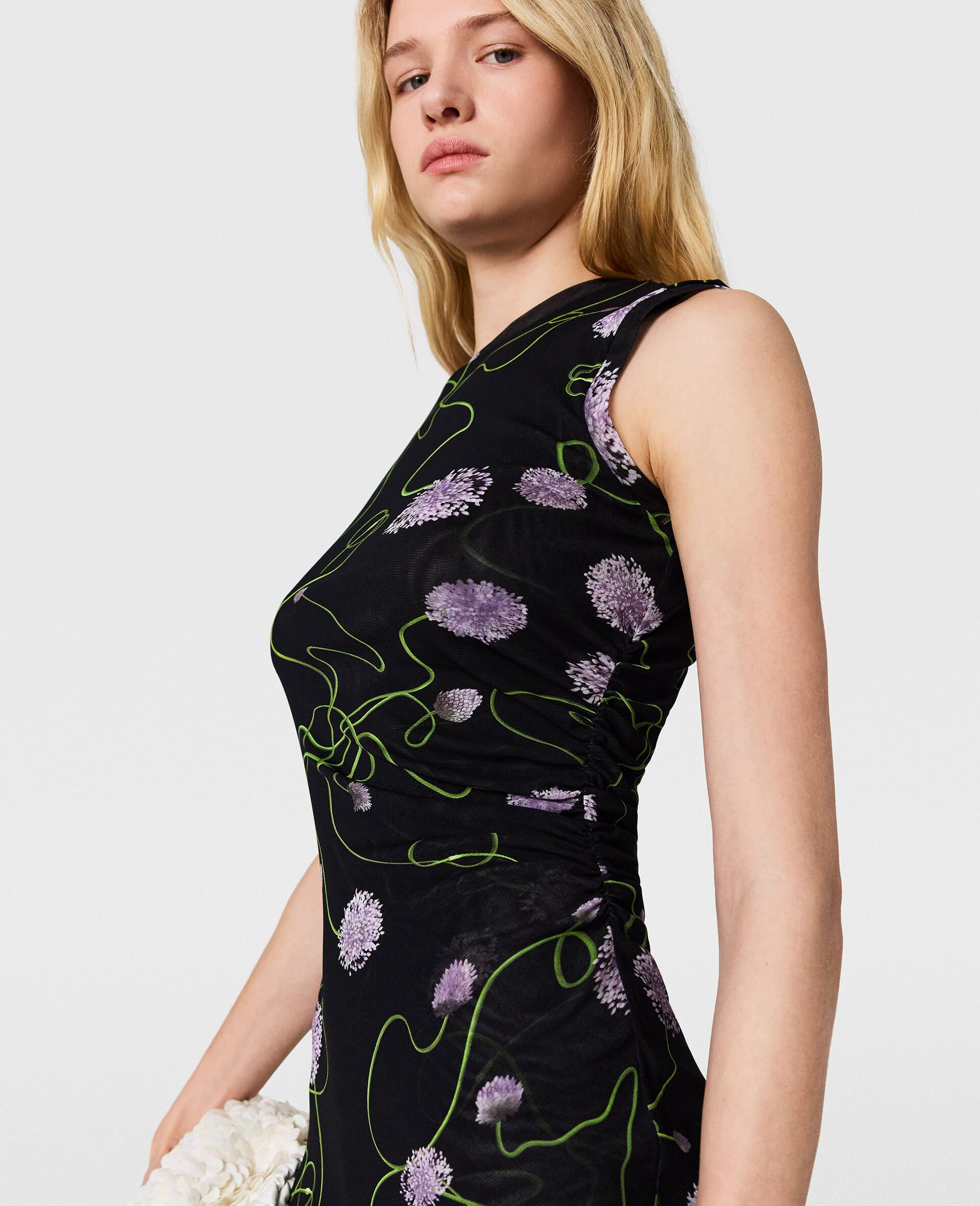 Robe torsadee en mesh floral-Noir-large image number 2
