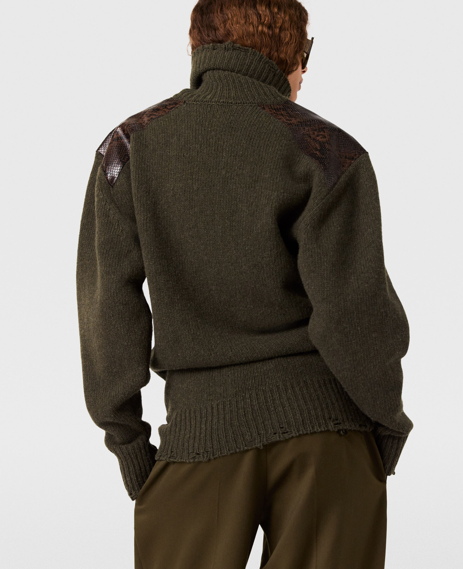 Snake Panel Turtleneck Sweater-Green-large image number 4