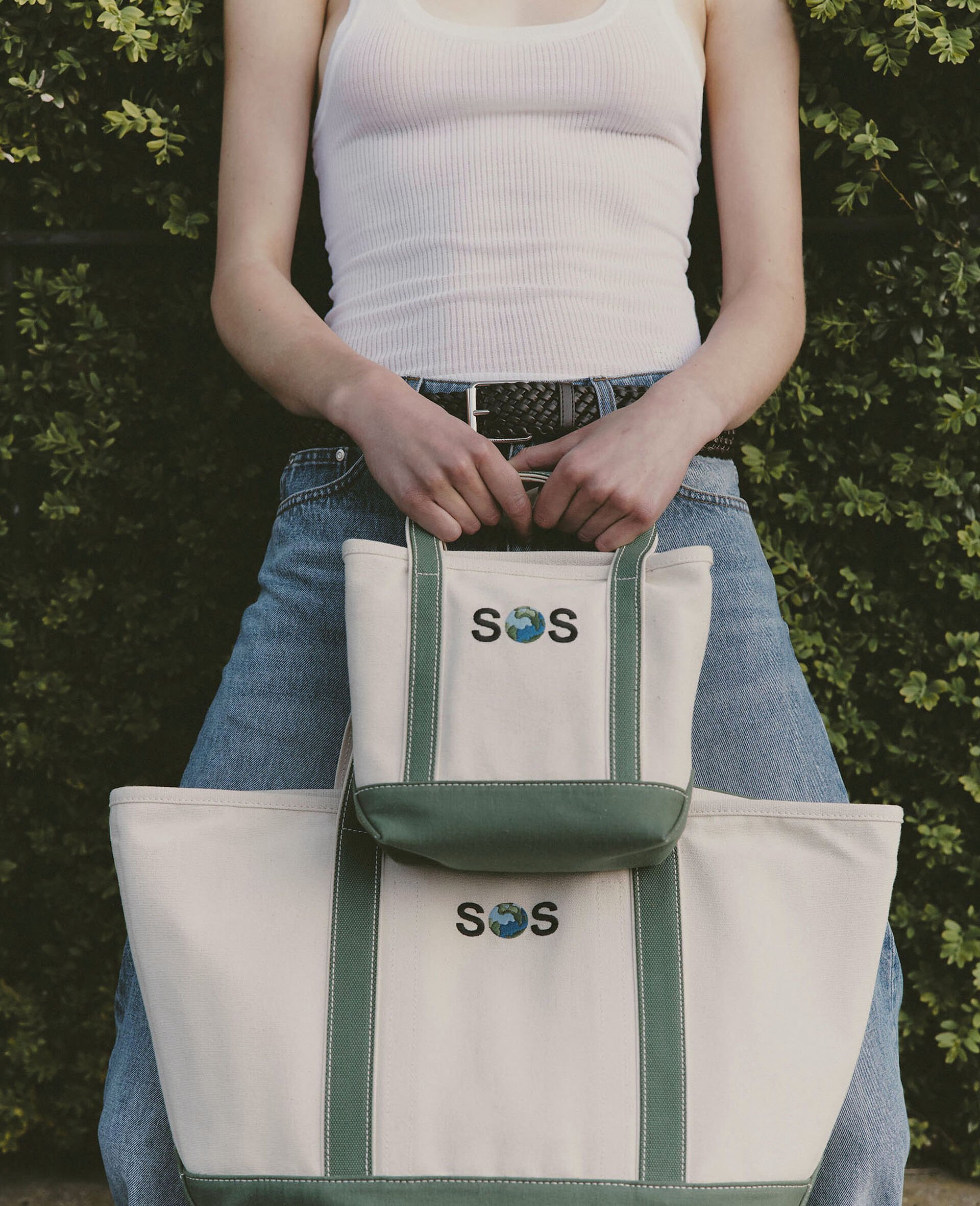 SOS Embroidered Small Tote Bag-White-model