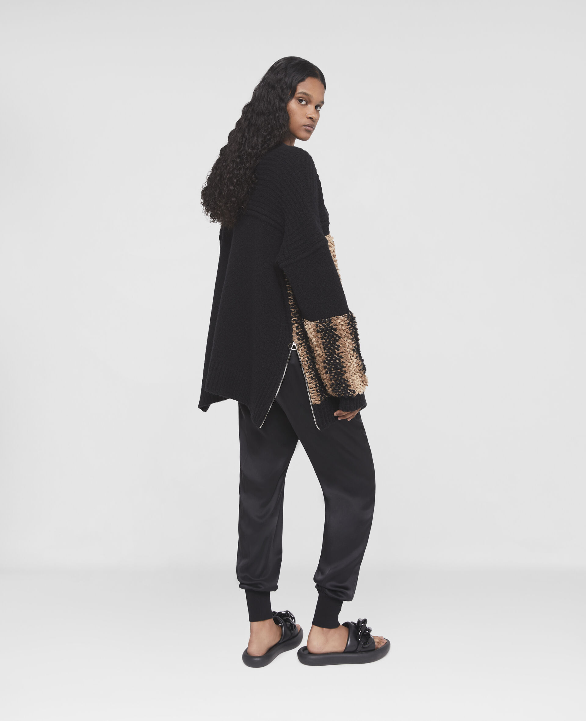 Fur Free Fur Panel Textured Knit Cardigan-Black-large image number 2