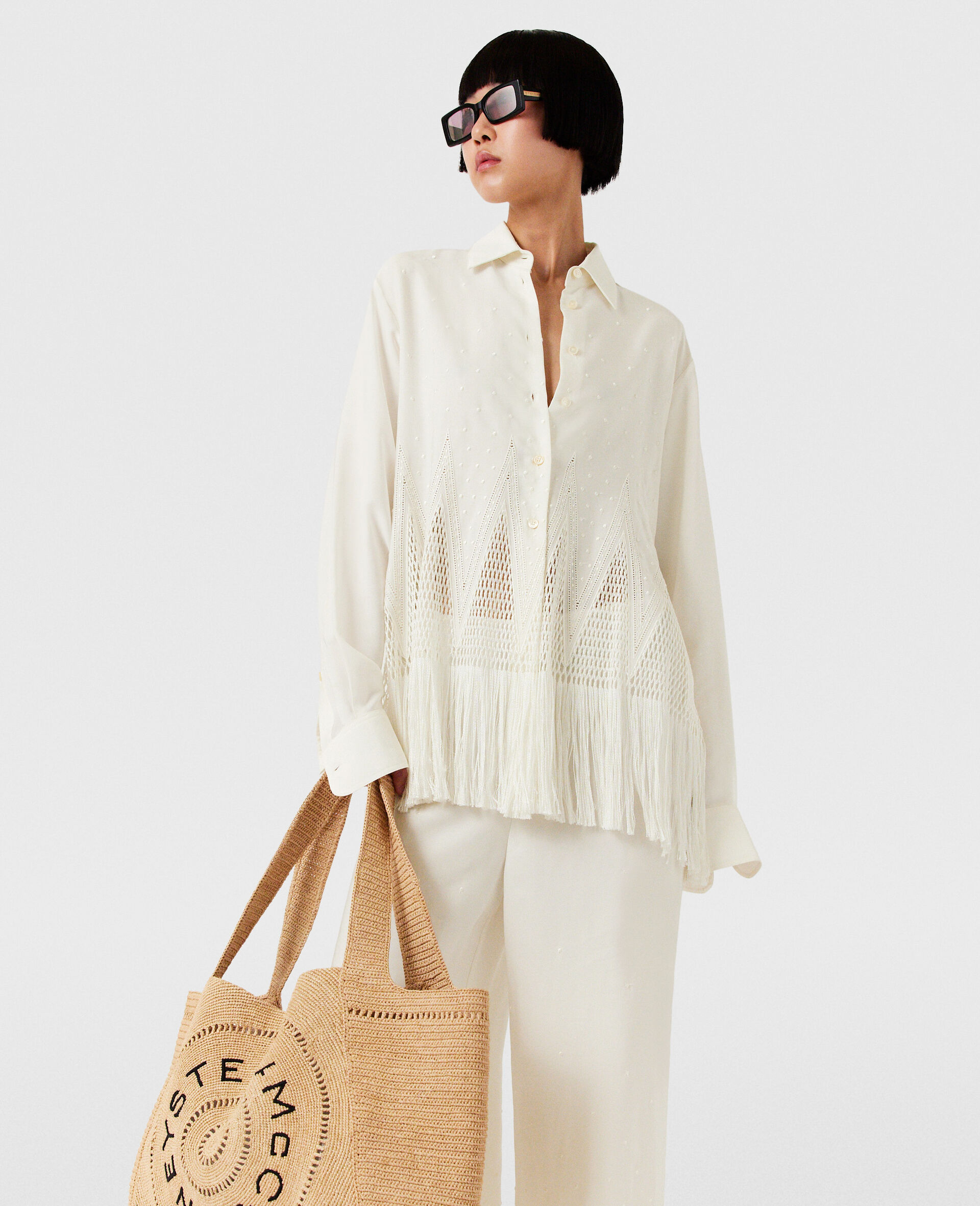 Open-Knit Fringe Shirt -Cream-large image number 1