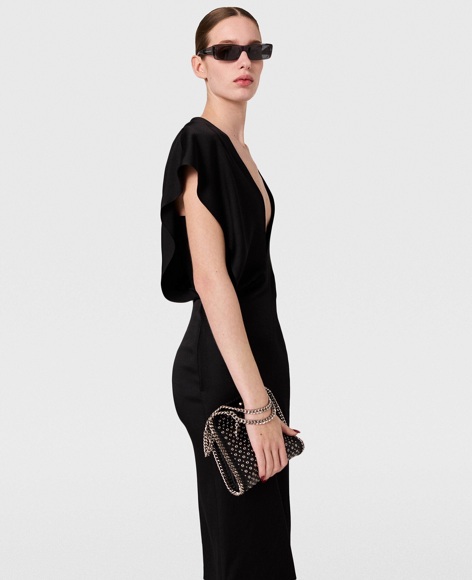 Deep V Cap Sleeved Midi Dress-Black-large image number 2
