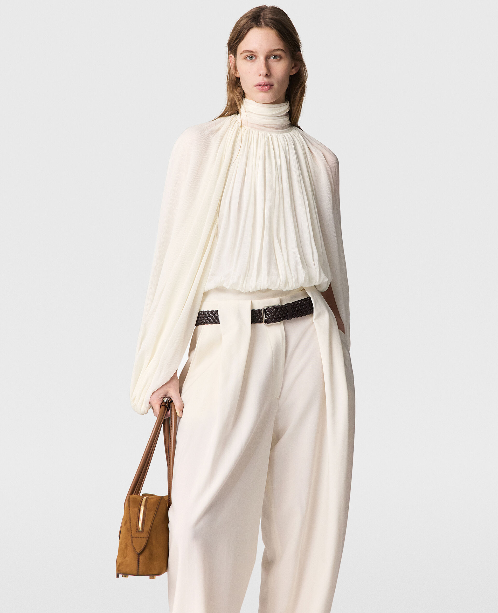 Pleated Baloon Sleeve Top-White-large image number 1