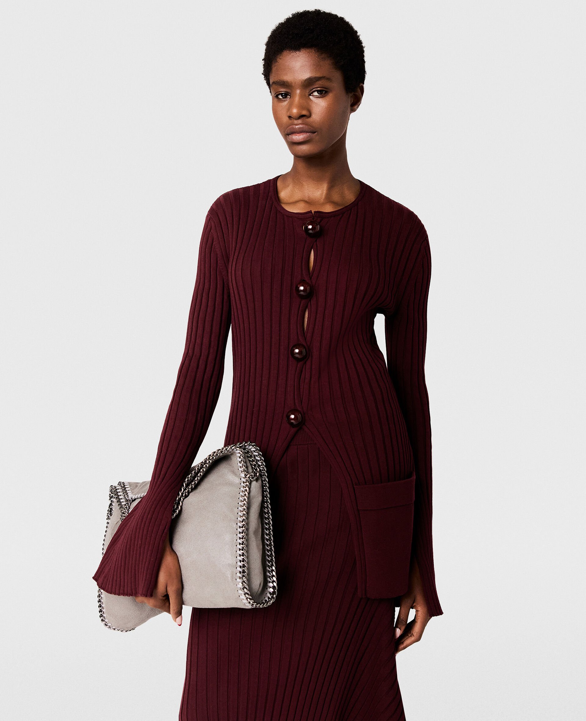 Ribbed Long Sleeved Cardigan-Red-model