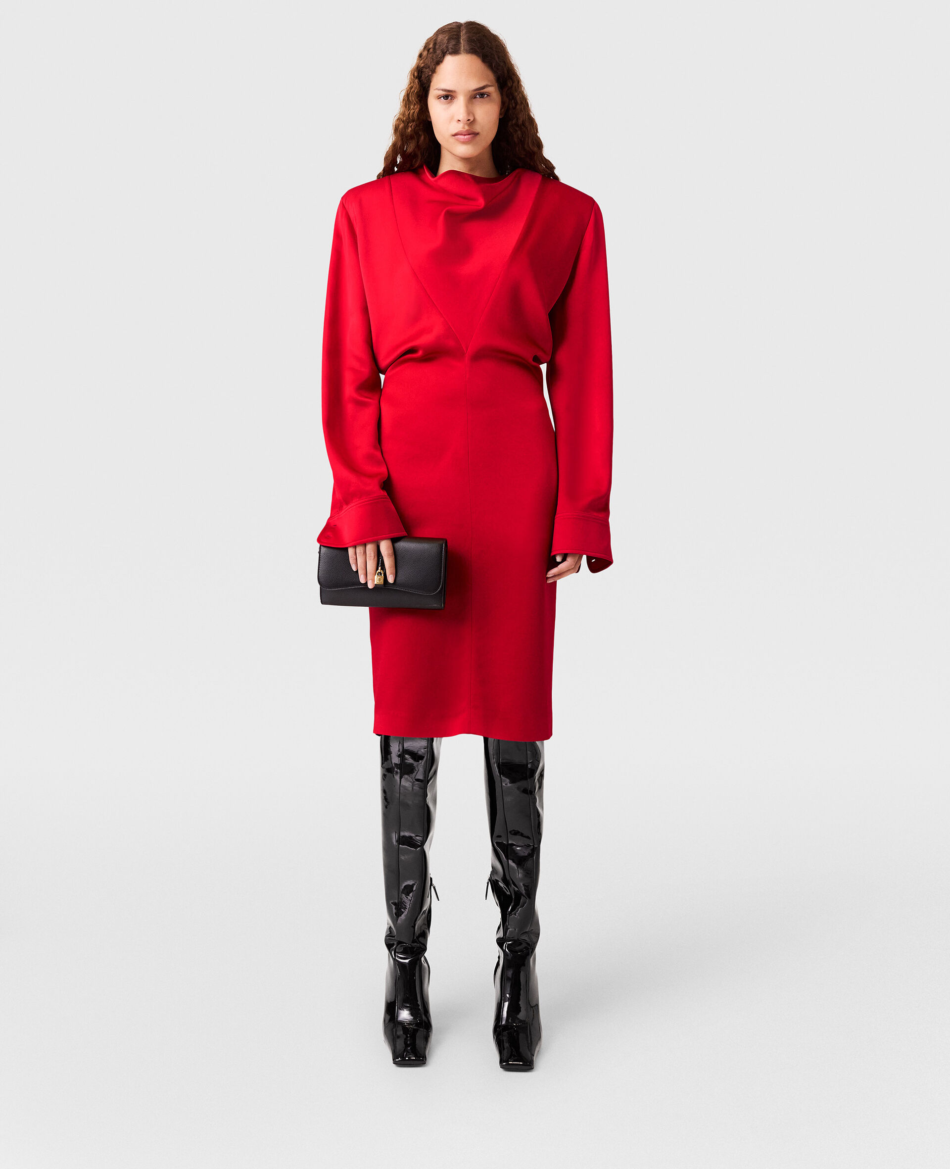 Robe midi a manches longues et col benitier-Rouge-large image number 5