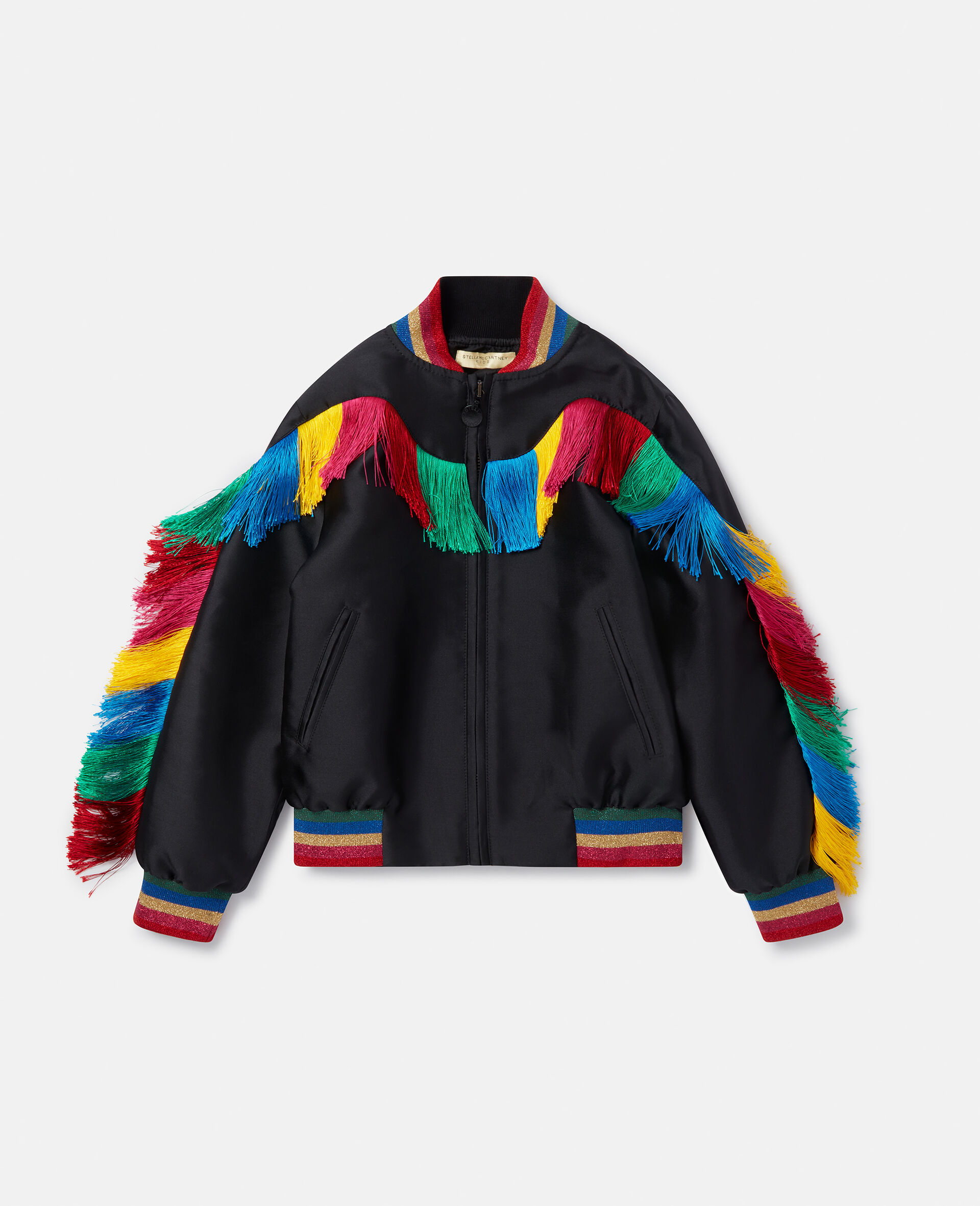 Rainbow Fringed Bomber Jacket-Black-model Rainbow Fringed Bomber Jacket-Black-model