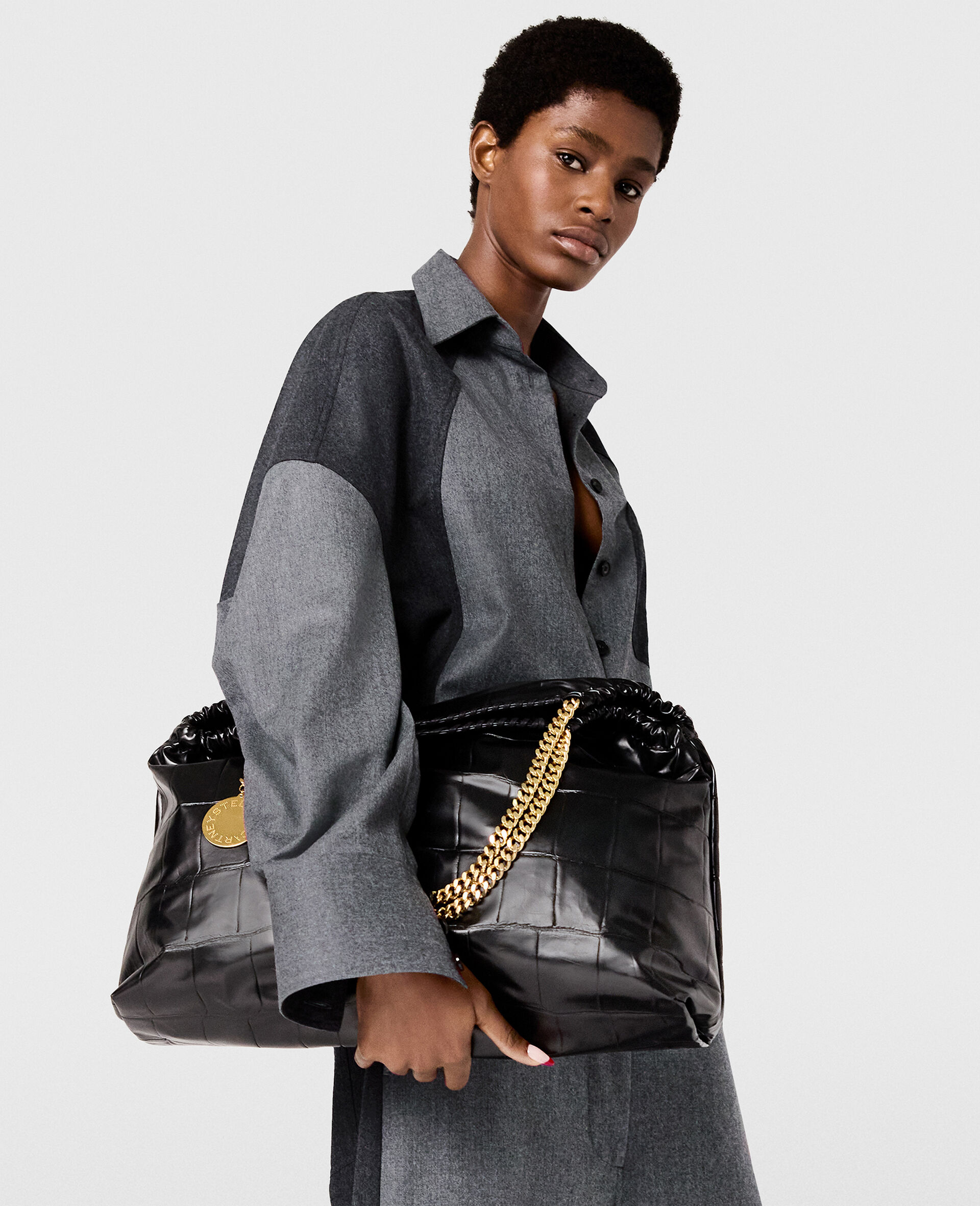 Falabella Crocodile-Embossed Drawstring Tote Bag-Black-medium