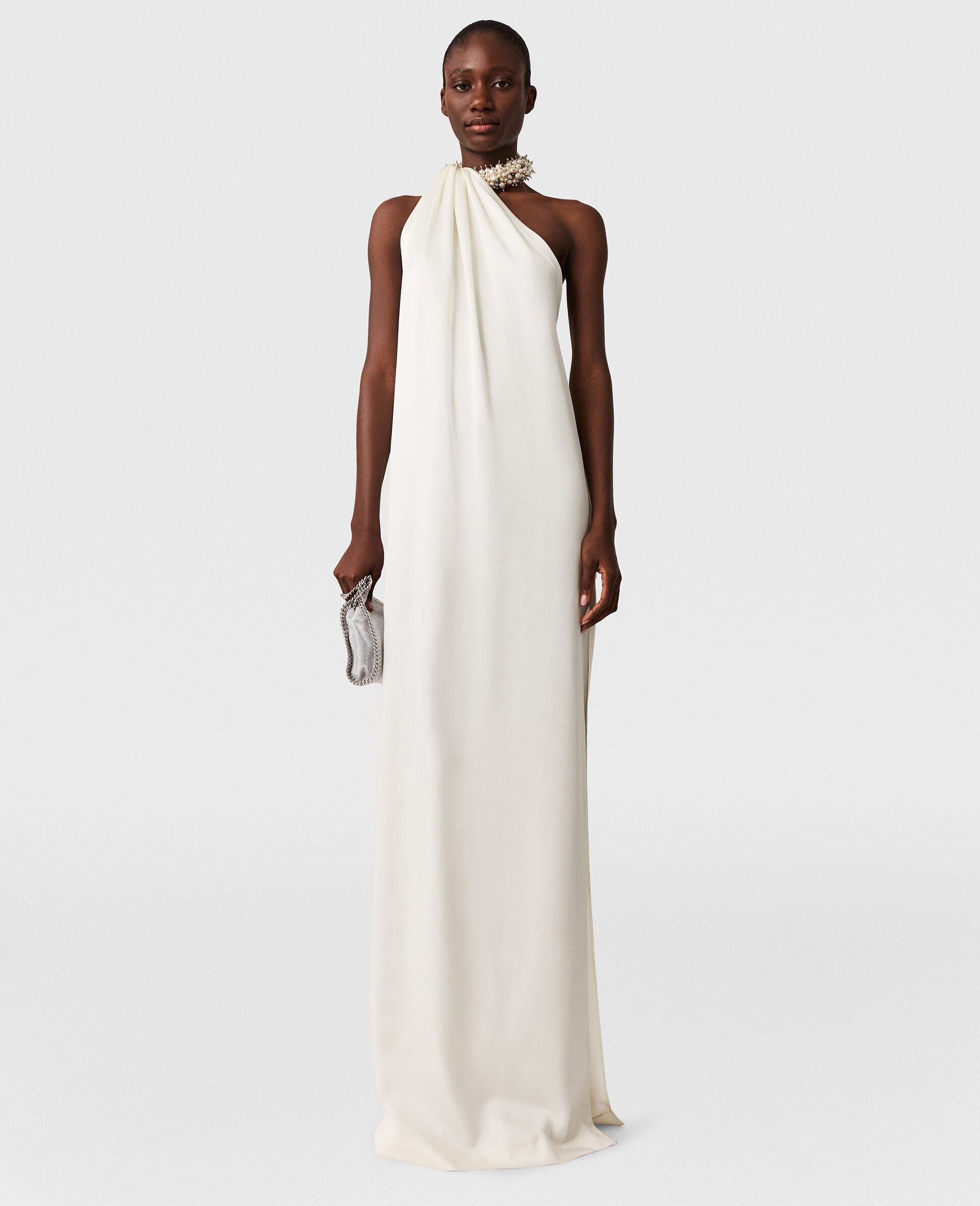 Embellished Halterneck Asymmetric Satin Dress -Cream-medium