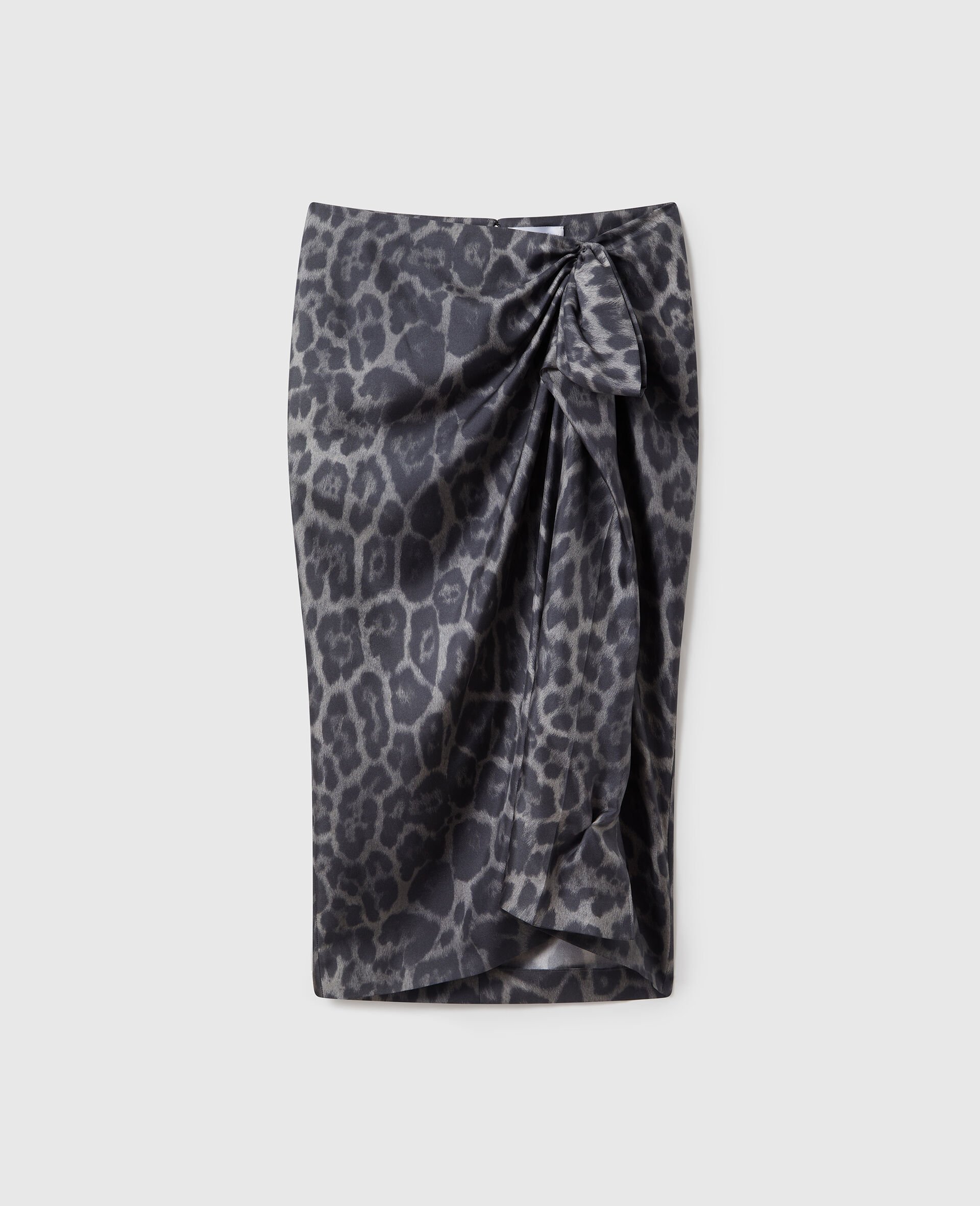 Knotted Asymmetric Leopard Midi Skirt-Grey-large image number 0