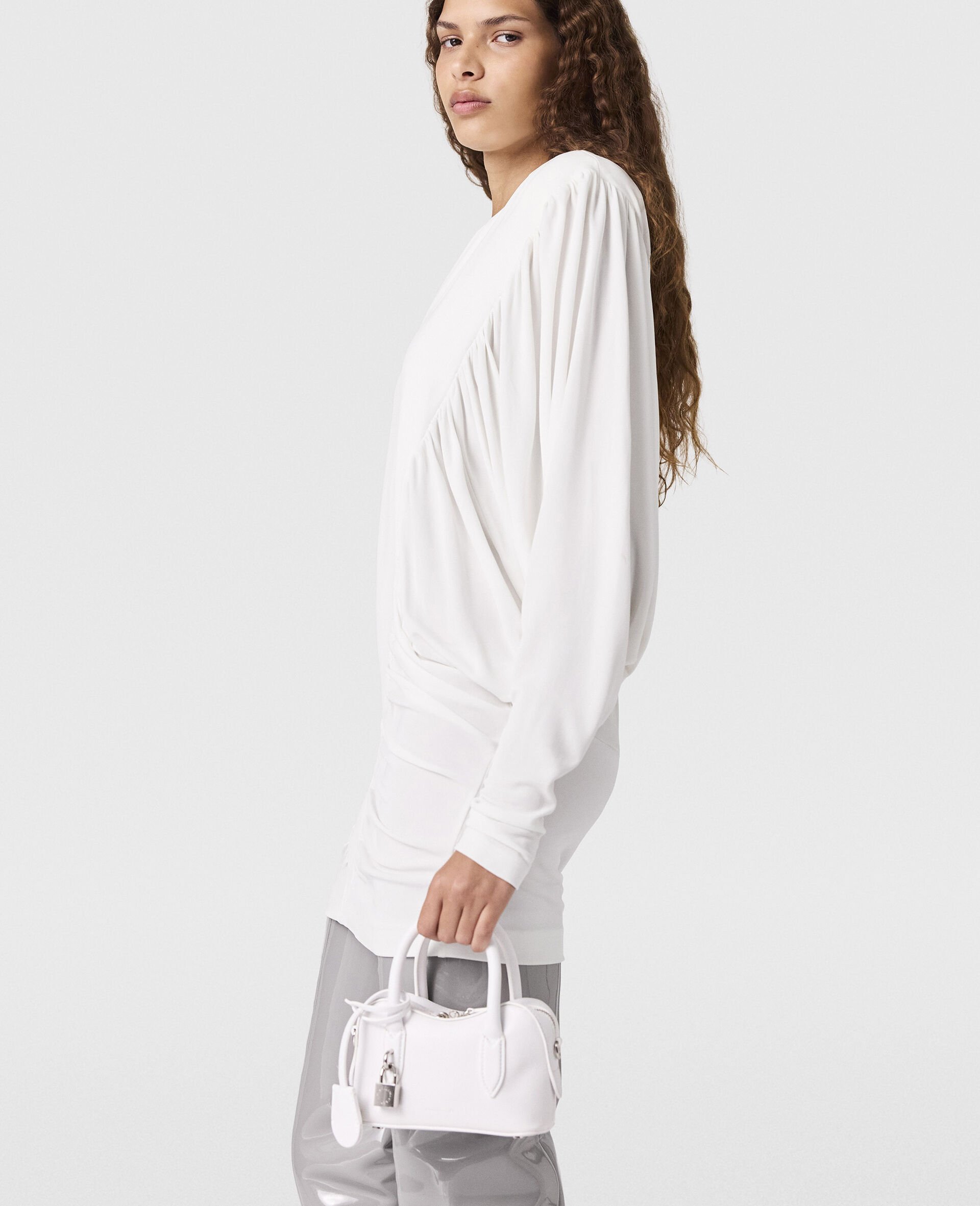 Mini robe plissee a manches longues et col ras du cou-Blanc-large image number 2