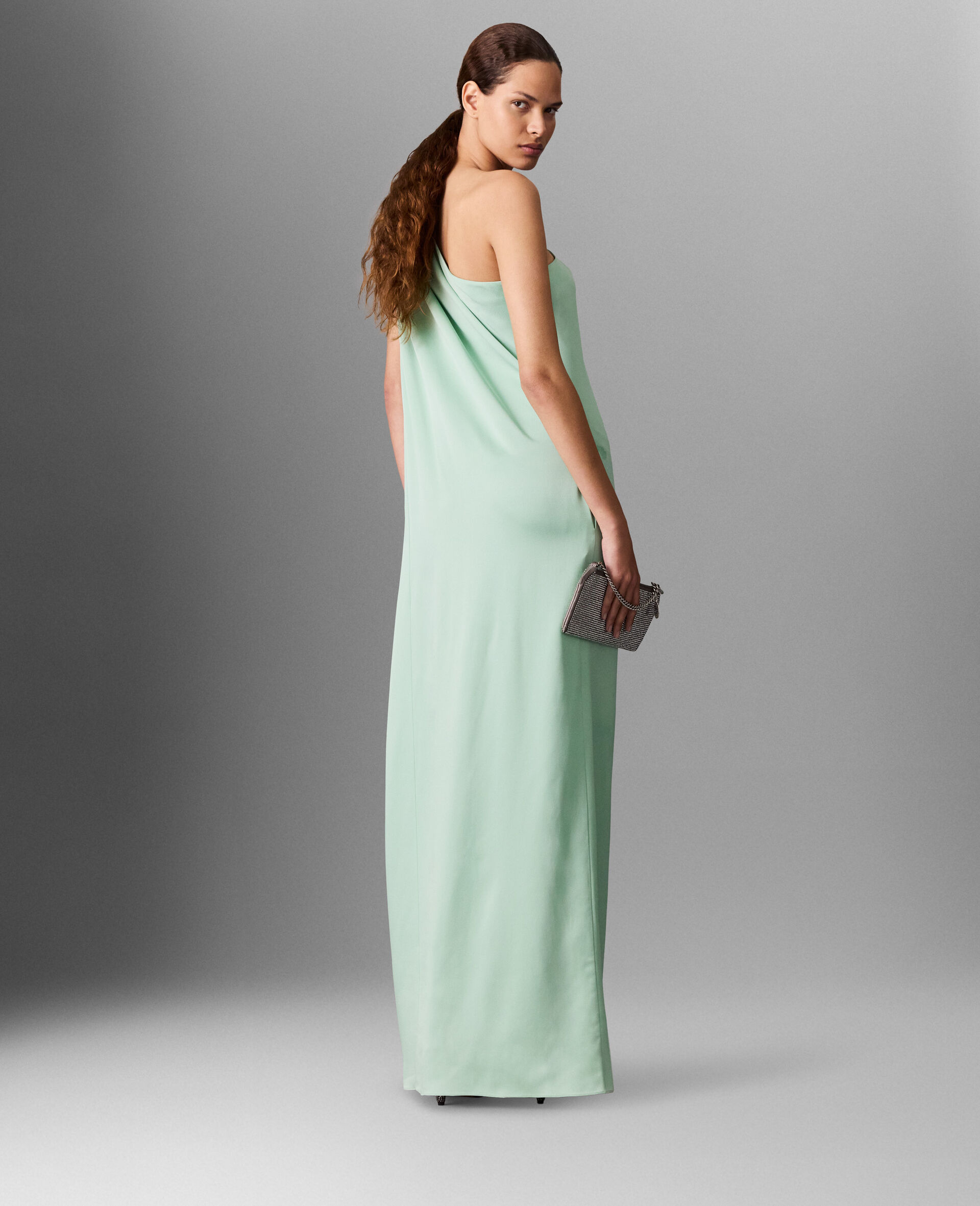 Lead-Free Crystal Chain Link Asymmetric Draped Maxi Dress-Green-large image number 4