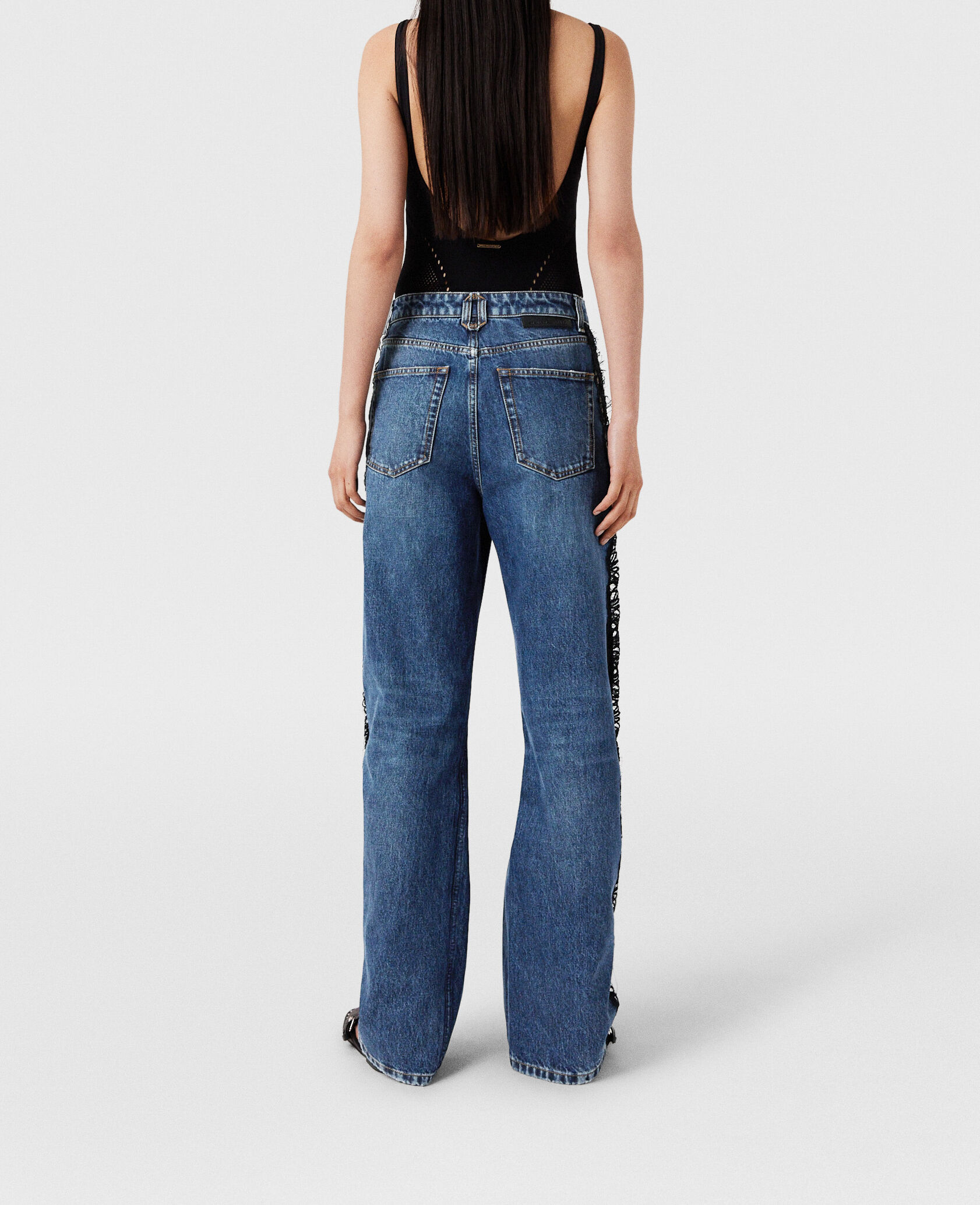 【Stella McCartney】チェーンミッドライズ ストレートジーンズ Women ヴィンテージ ウォッシュブルー デニム レース ハイライズ