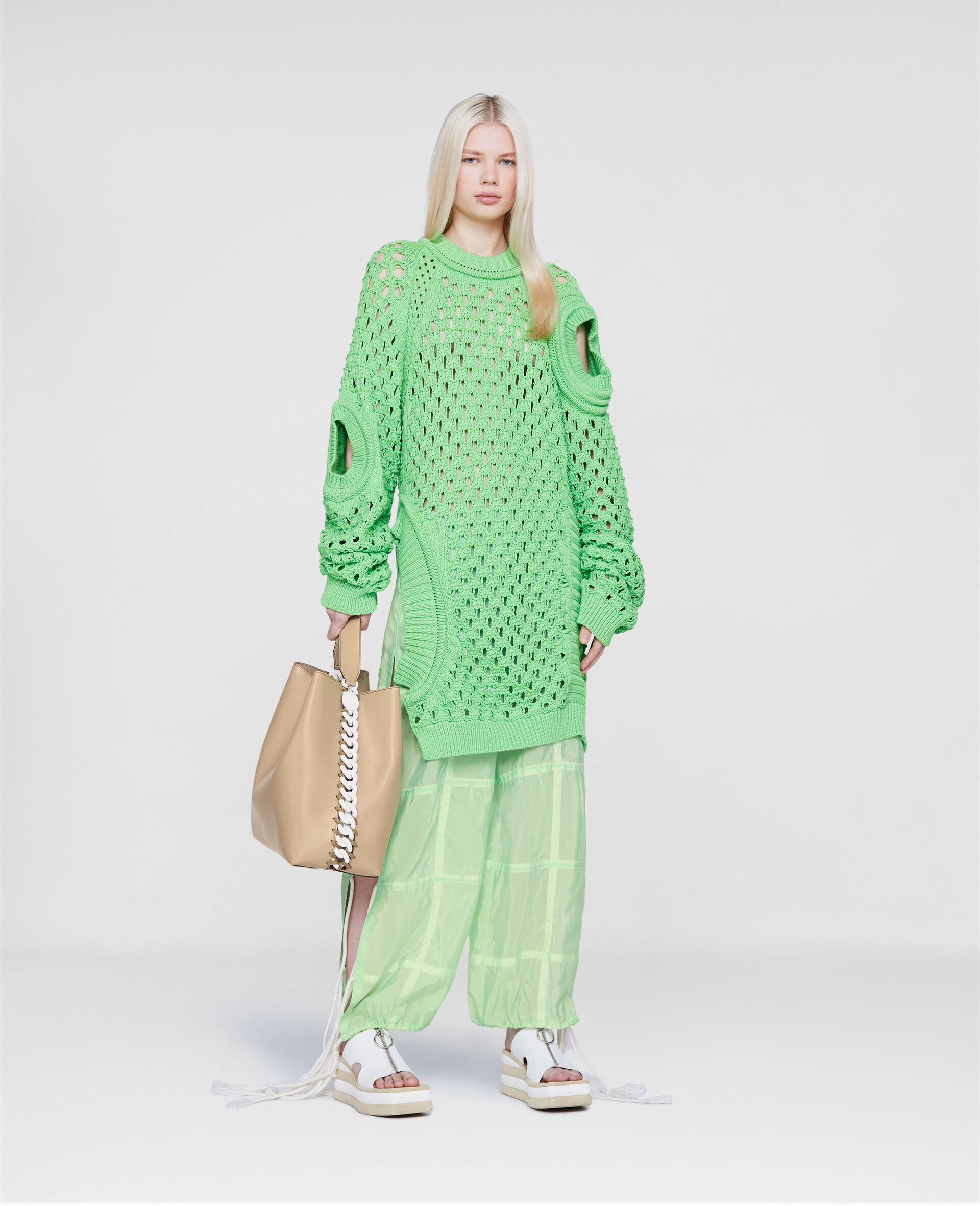 Oversized Textured Mesh Sweater-Green-large image number 1
