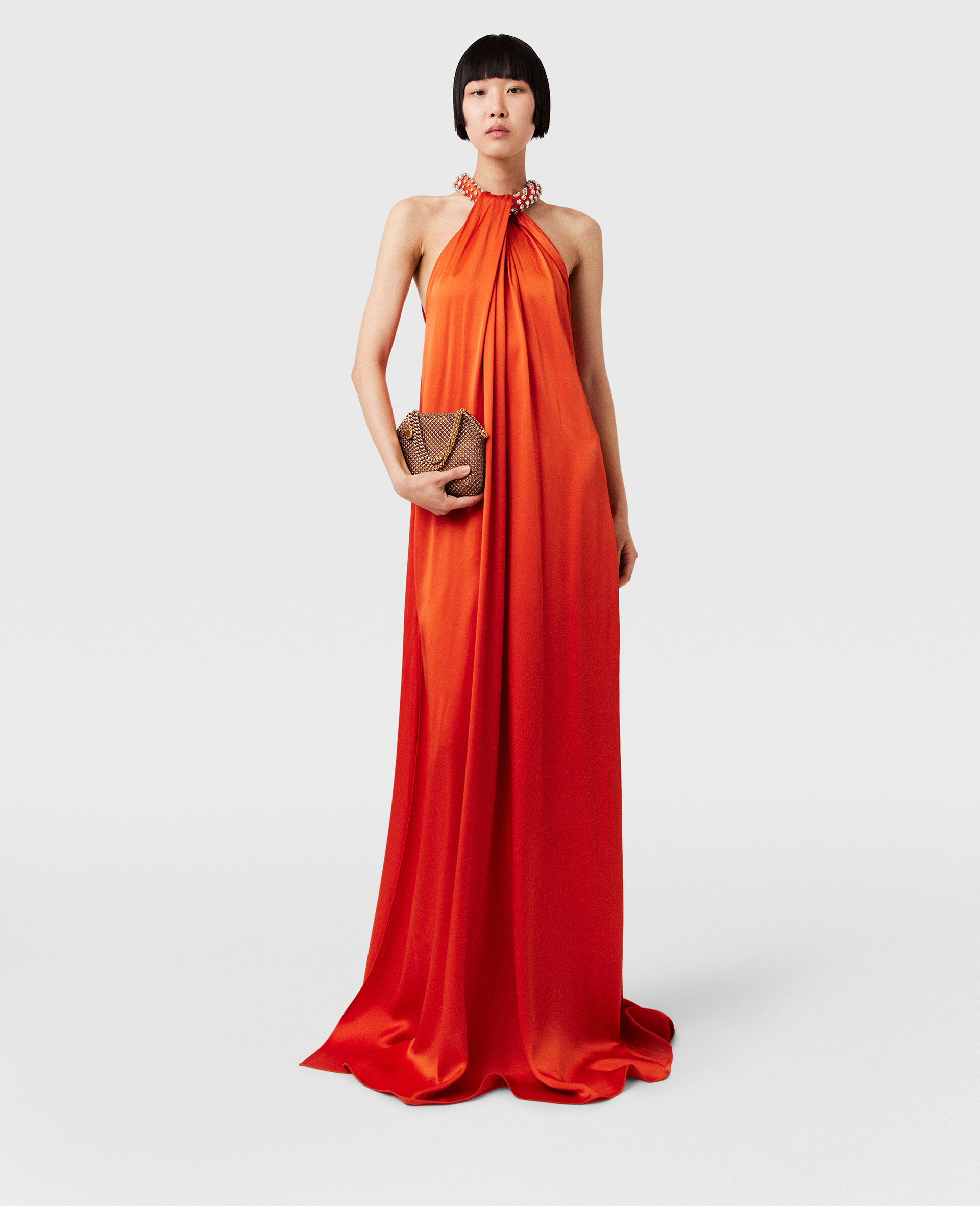 Crystal Halterneck Satin Maxi Dress-Red-model