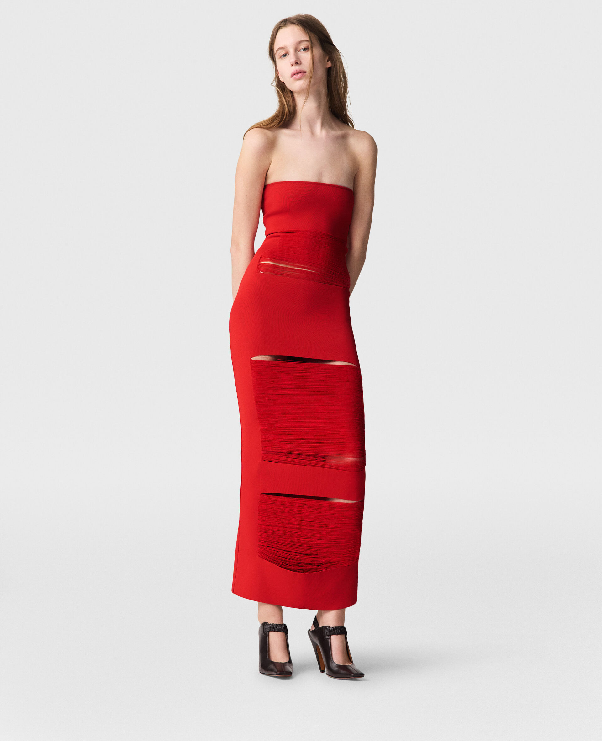 Strapless Shredded Compact Knit Maxi Dress-Red-model