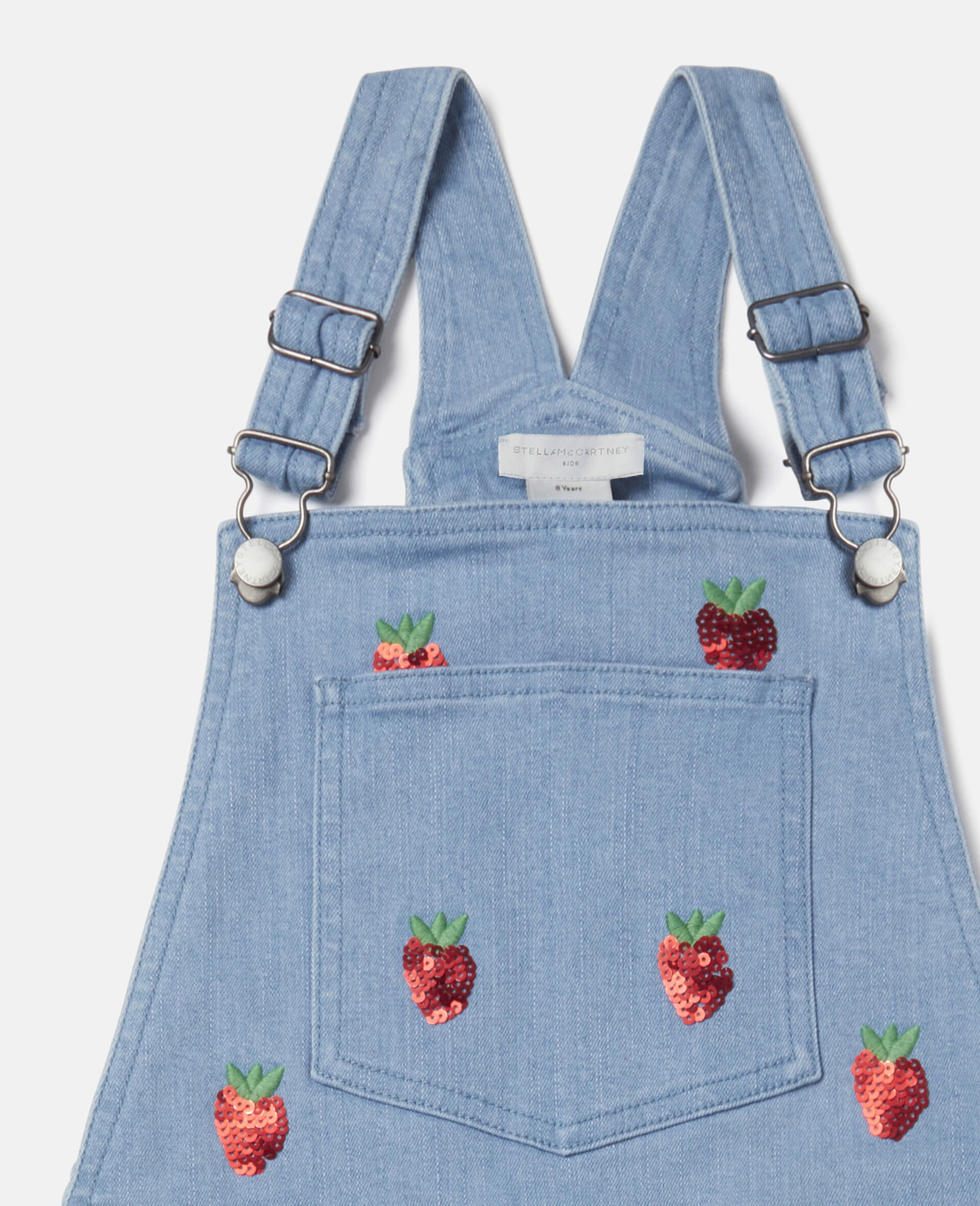 Embroidered Strawberry Denim Overalls-Blue-large image number 1