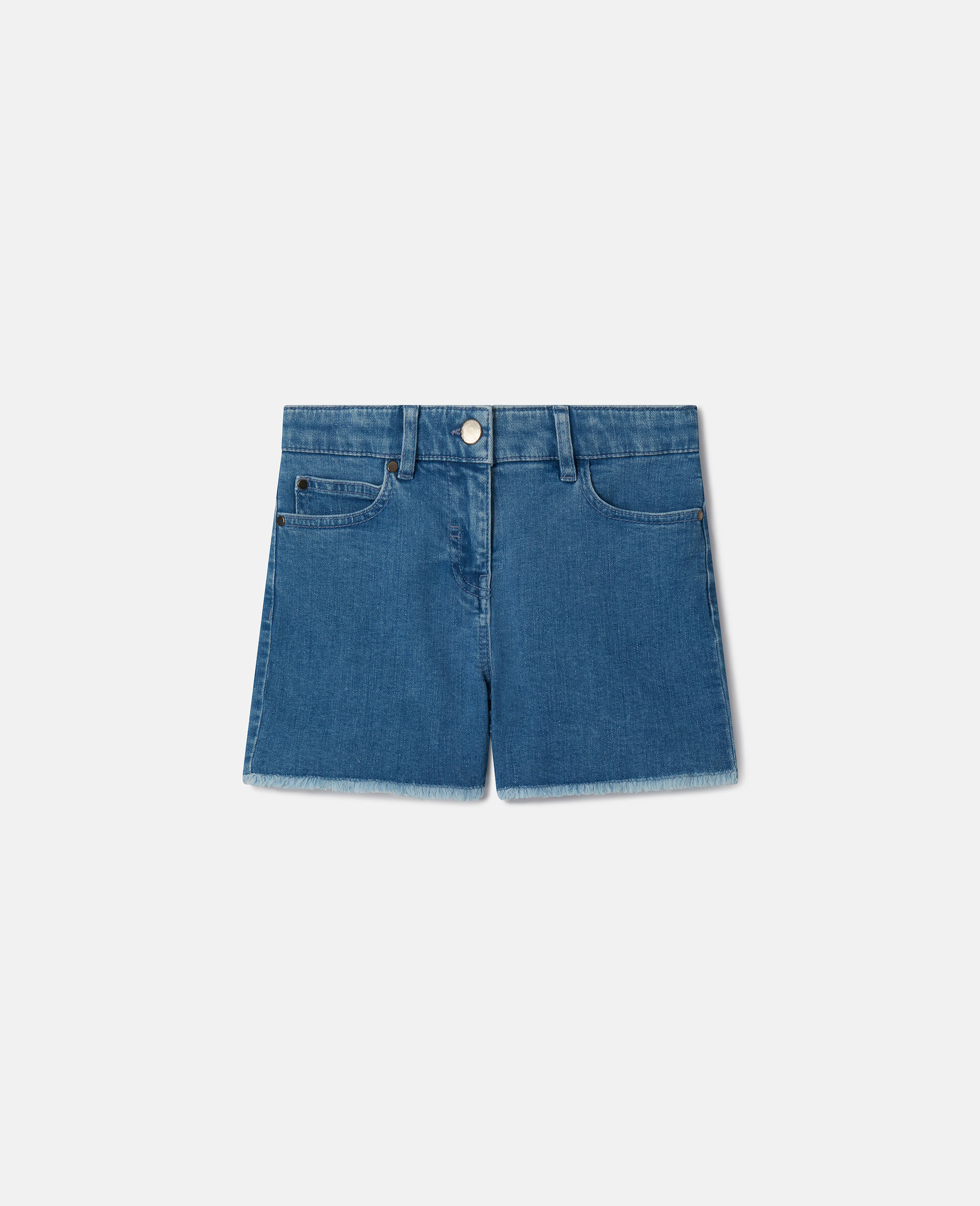 Short en jean extensible avec écussons cœurs à franges-Bleu-large image number 0