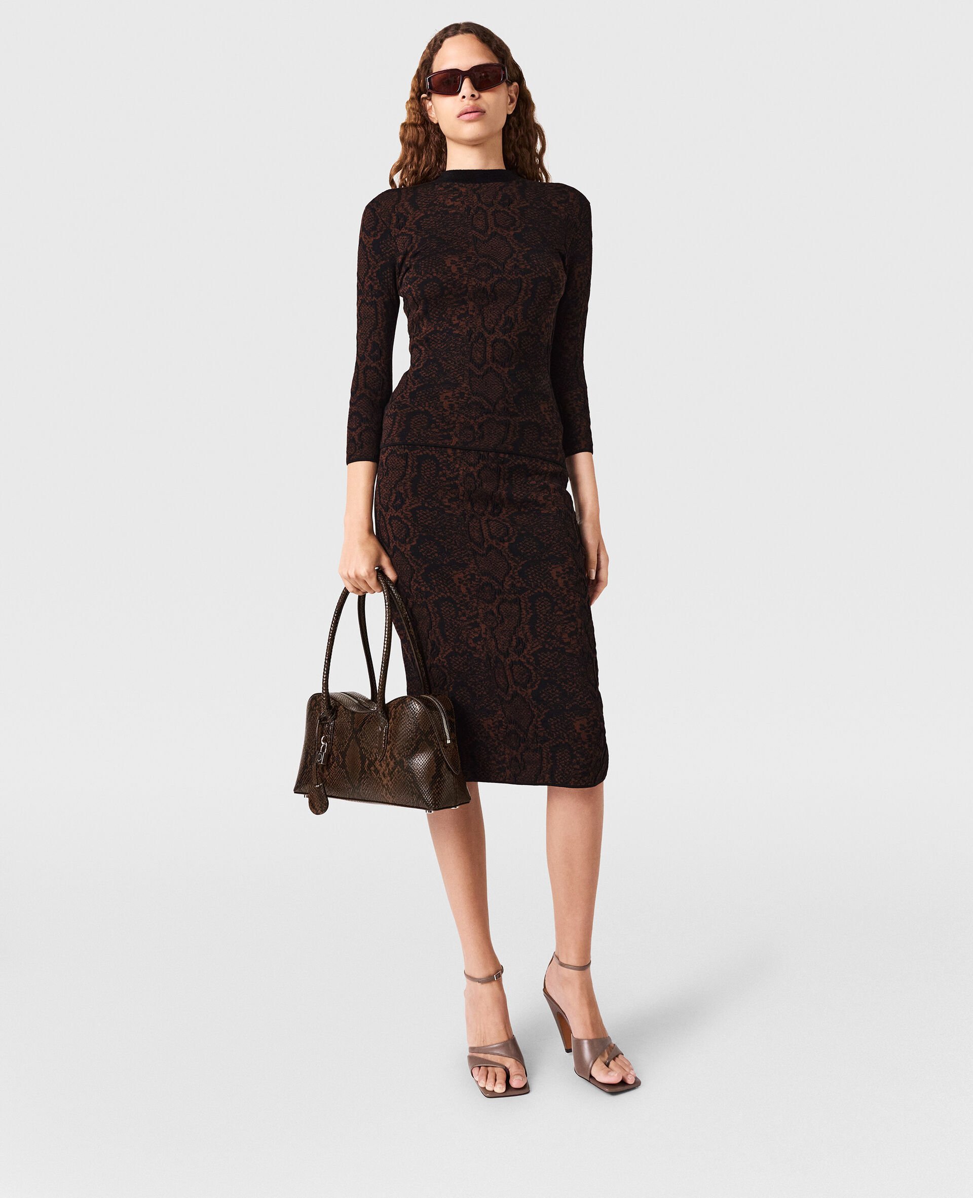 Snake Print Knit Midi Skirt-Black-model Snake Print Knit Midi Skirt-Black-model