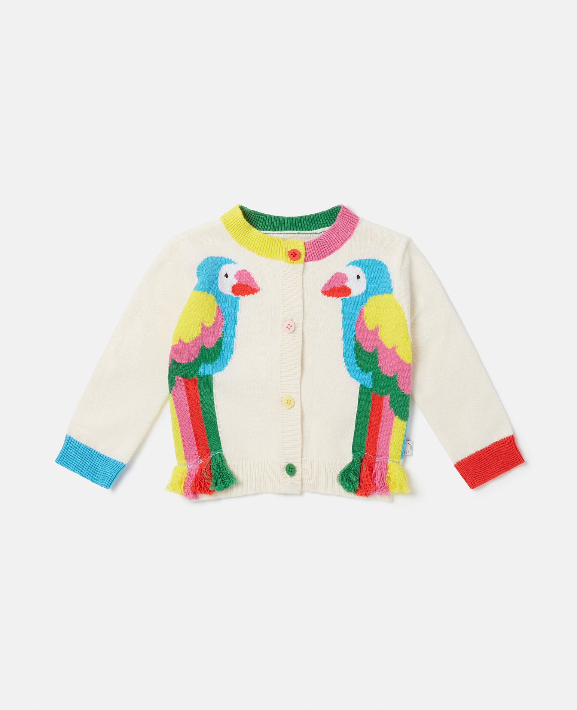 Double Parrot Intarsia Knit Fringed Cardigan-White-large image number 0