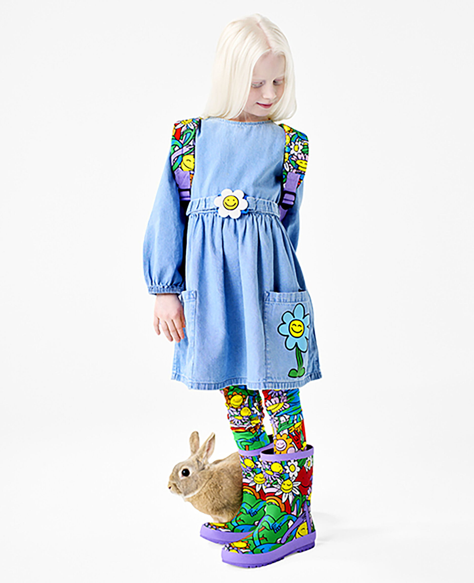 Flower Graphic Buckle Long-Sleeve Dress-Blue-medium