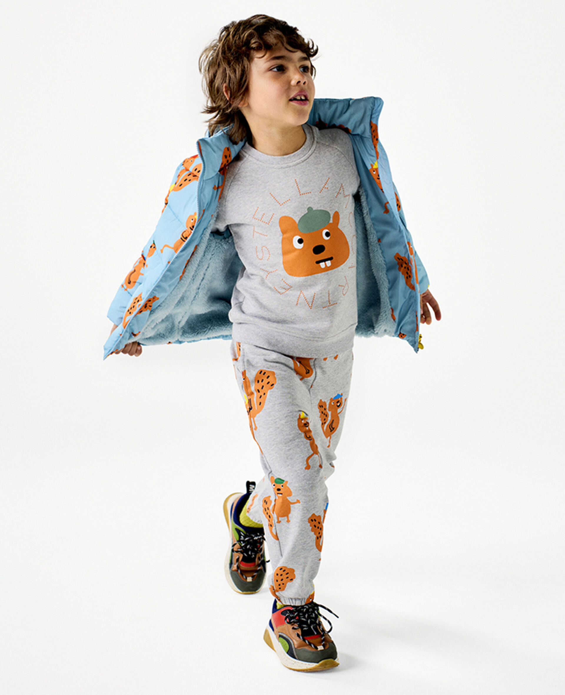 Squirrel Graphic Drawstring Joggers-Grey-model