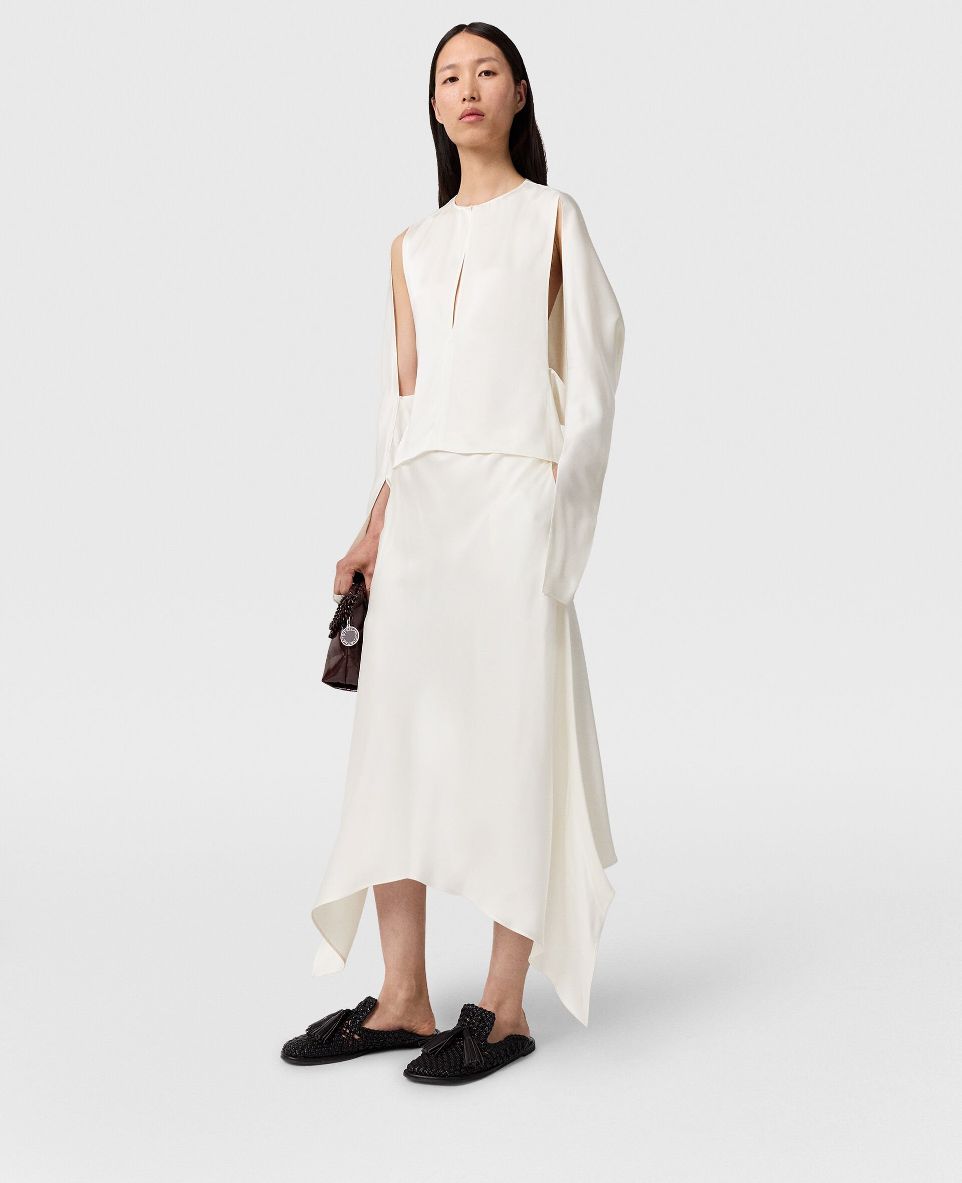 Curved Hem Satin Midi Skirt-Beige-model