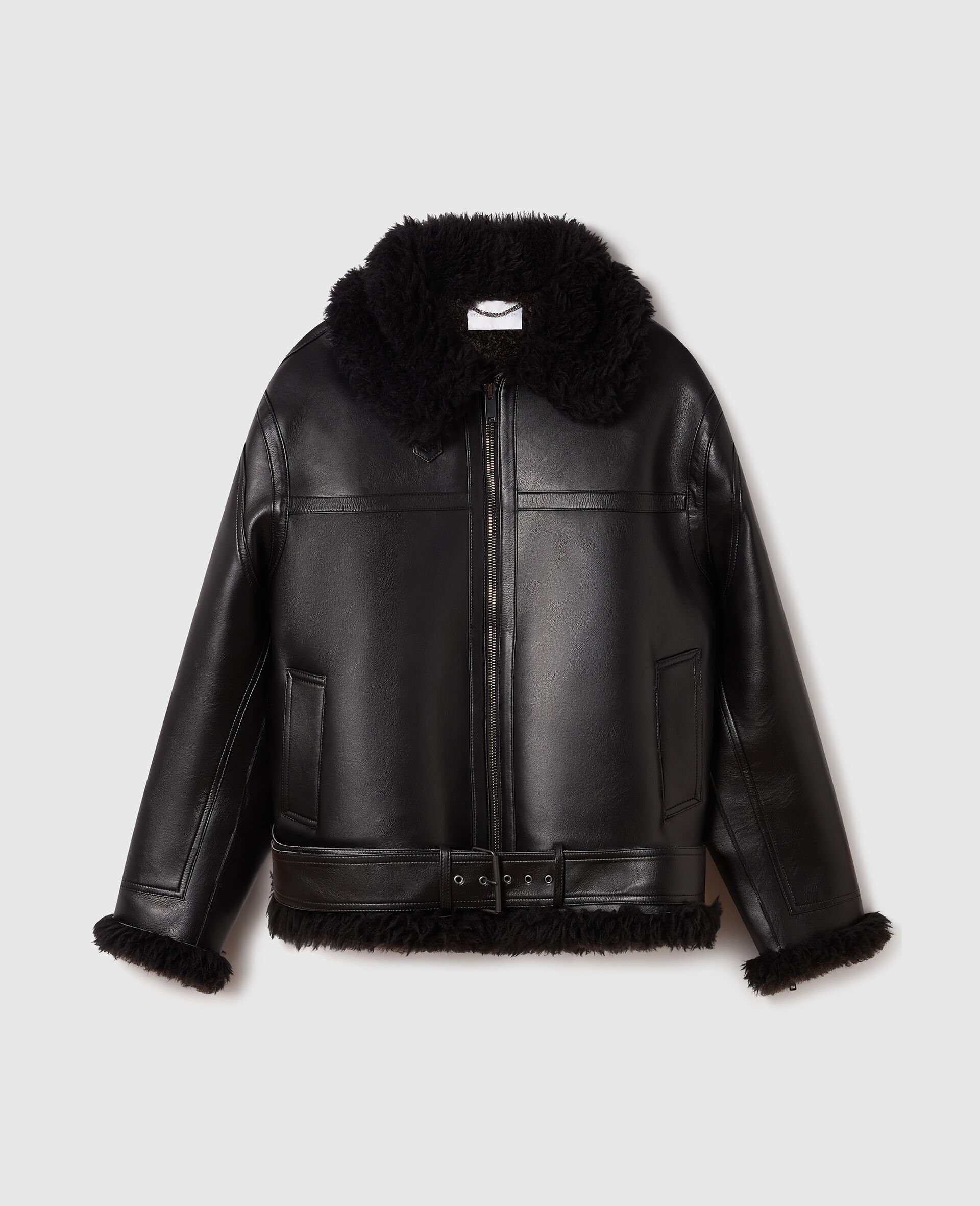 Vegan Shearling Belted Jacket-Black-medium