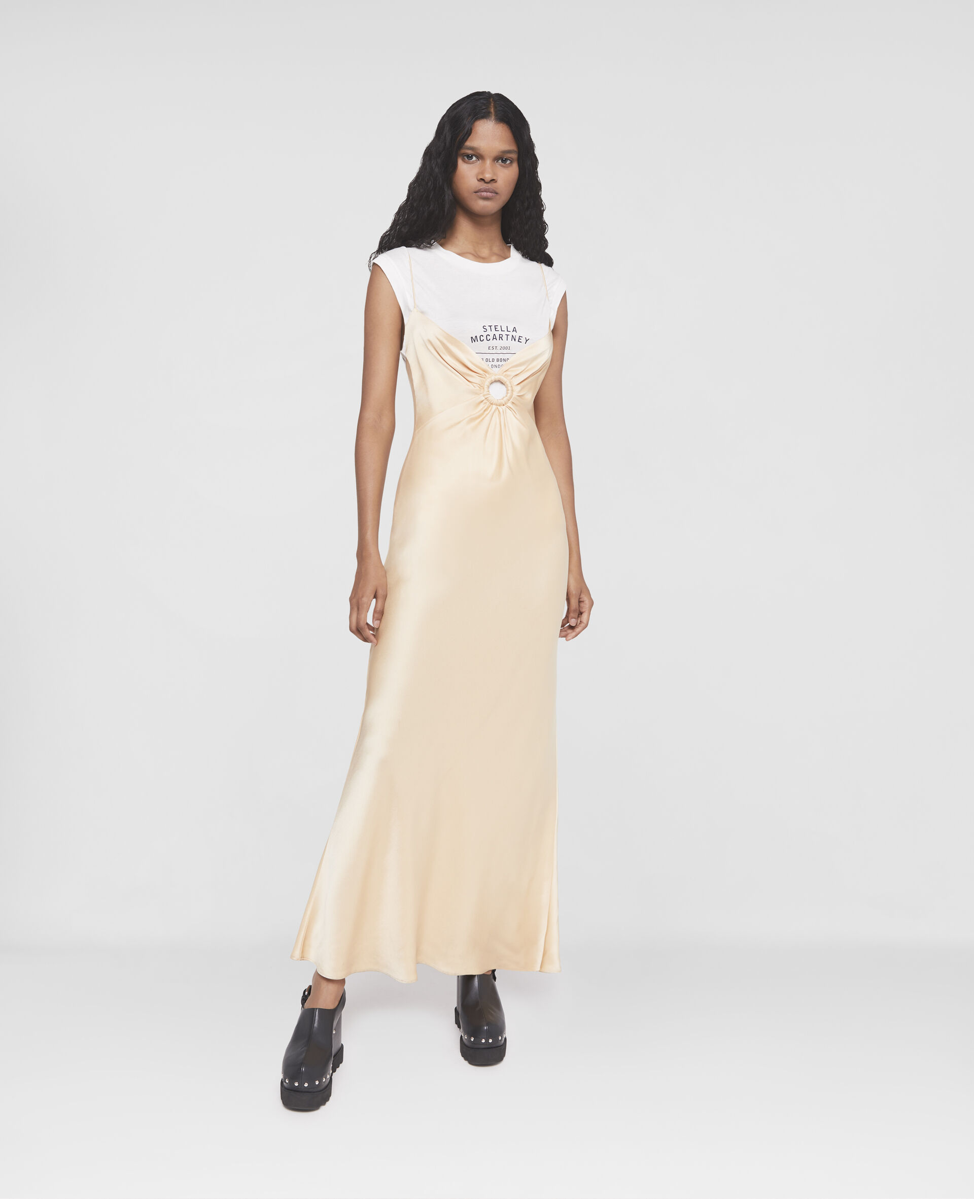 Ring Detail Double Satin Maxi Dress-White-large image number 1