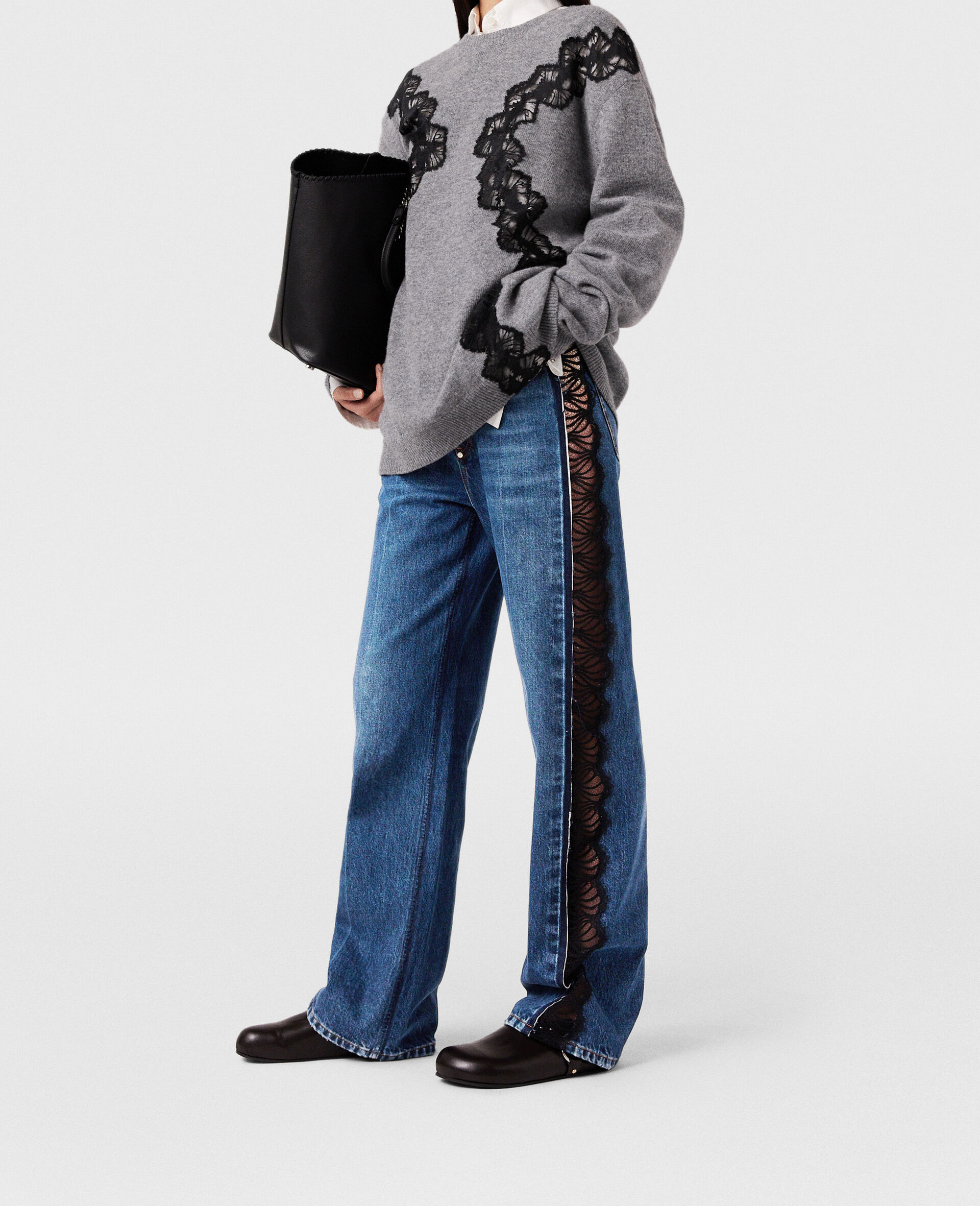 蕾丝嵌饰长袖套衫-灰色-large image number 1