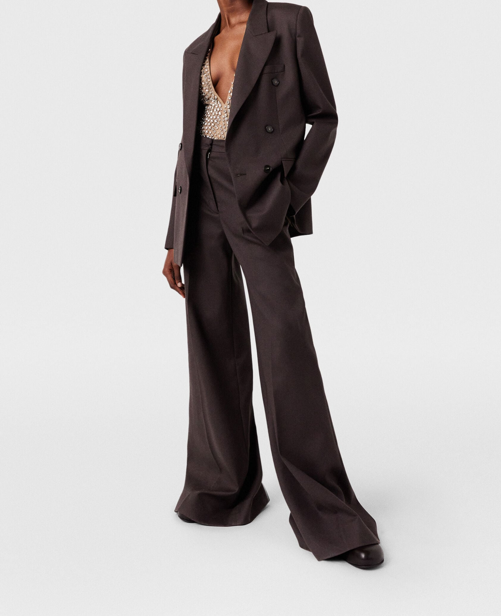 Women Dark chocolate brown High-Rise Wide-Leg Wool Pants | Stella