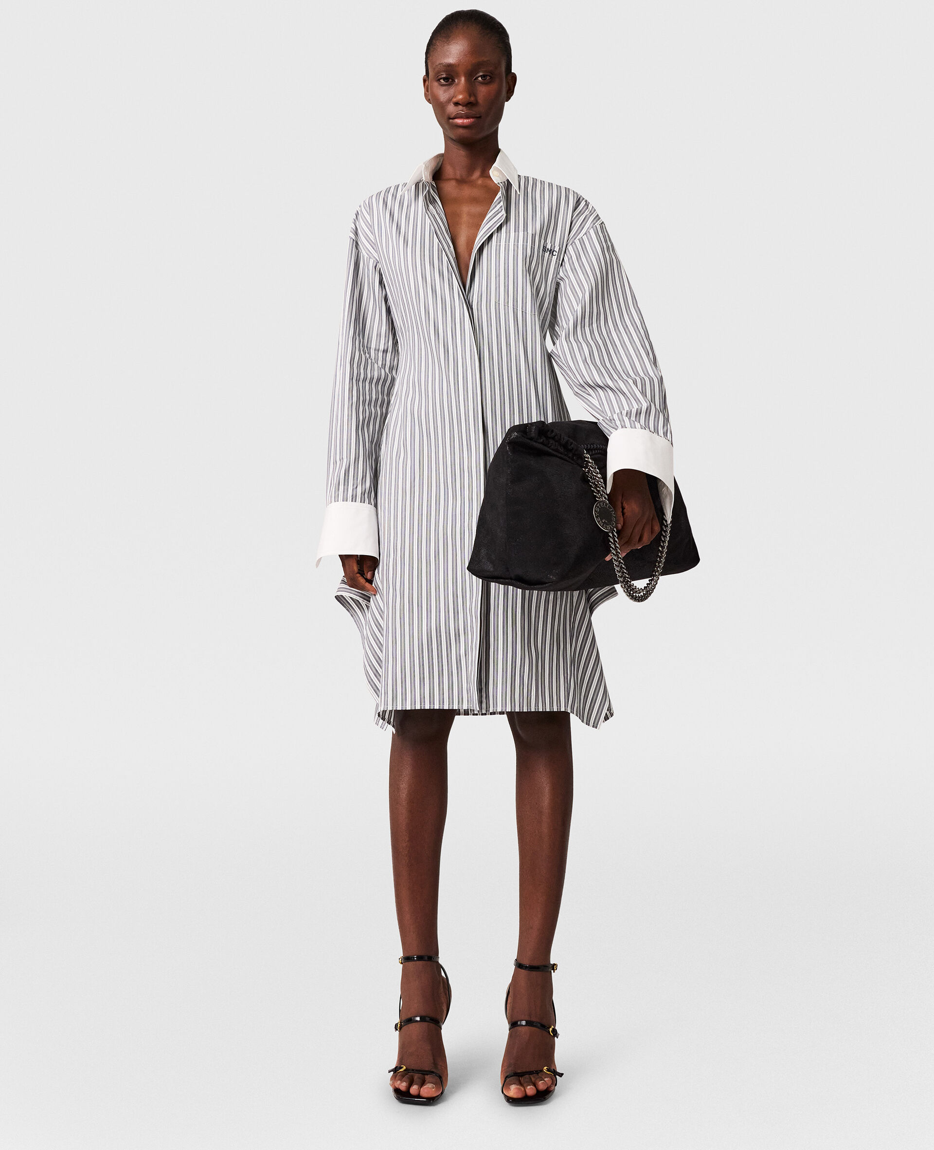 Long-Sleeve Pinstripe Shirt Dress-Grey-large image number 6