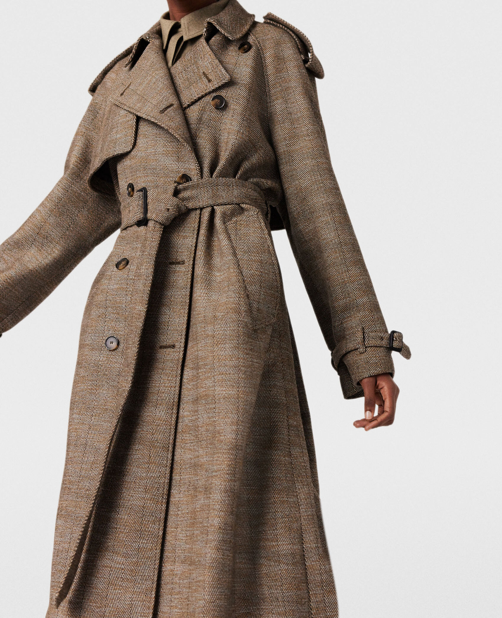 Women Prince of Wales check Belted Herringbone Trench Coat