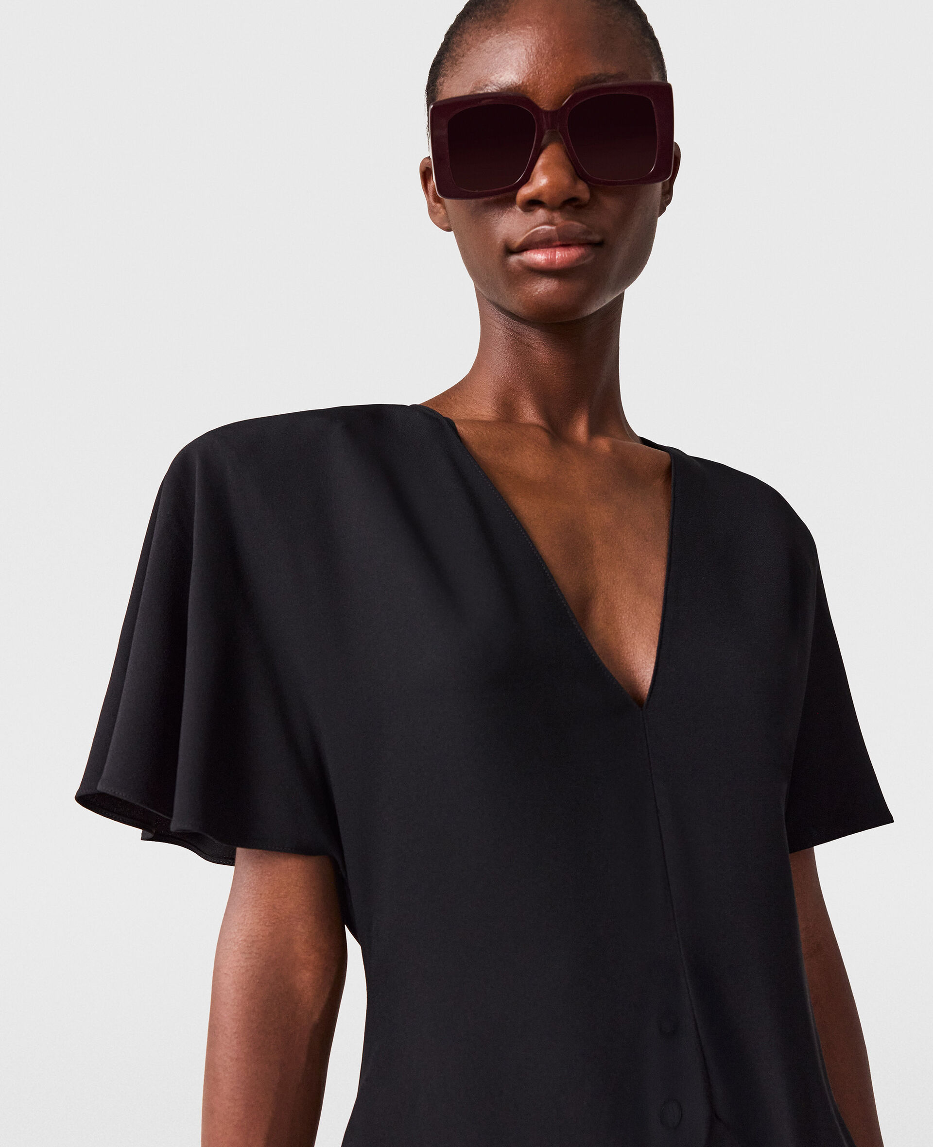 V-Neck Short-Sleeve Satin Midi Dress-Black-large image number 3