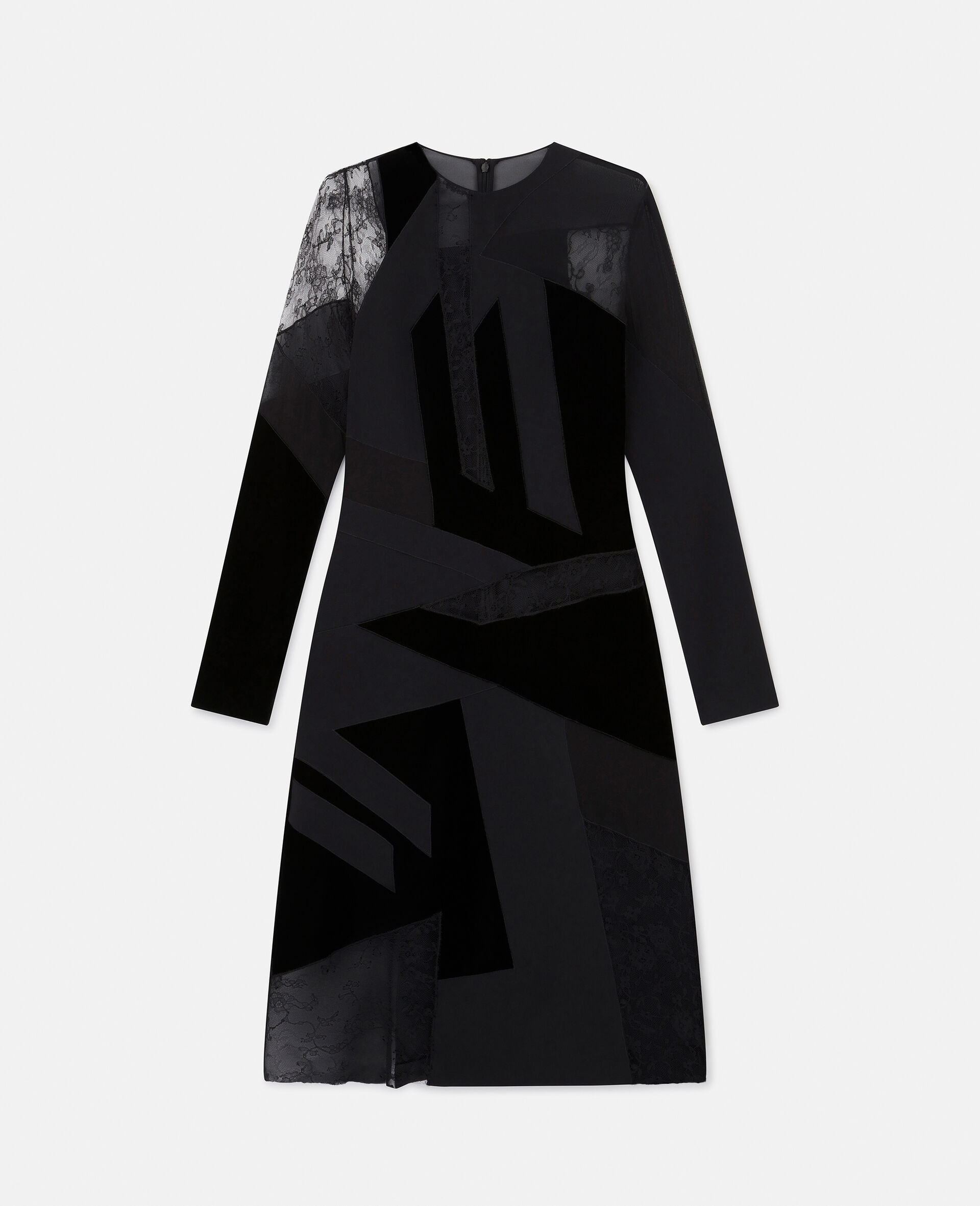 Silk Lace Patchwork Midi Dress-Black-large image number 0