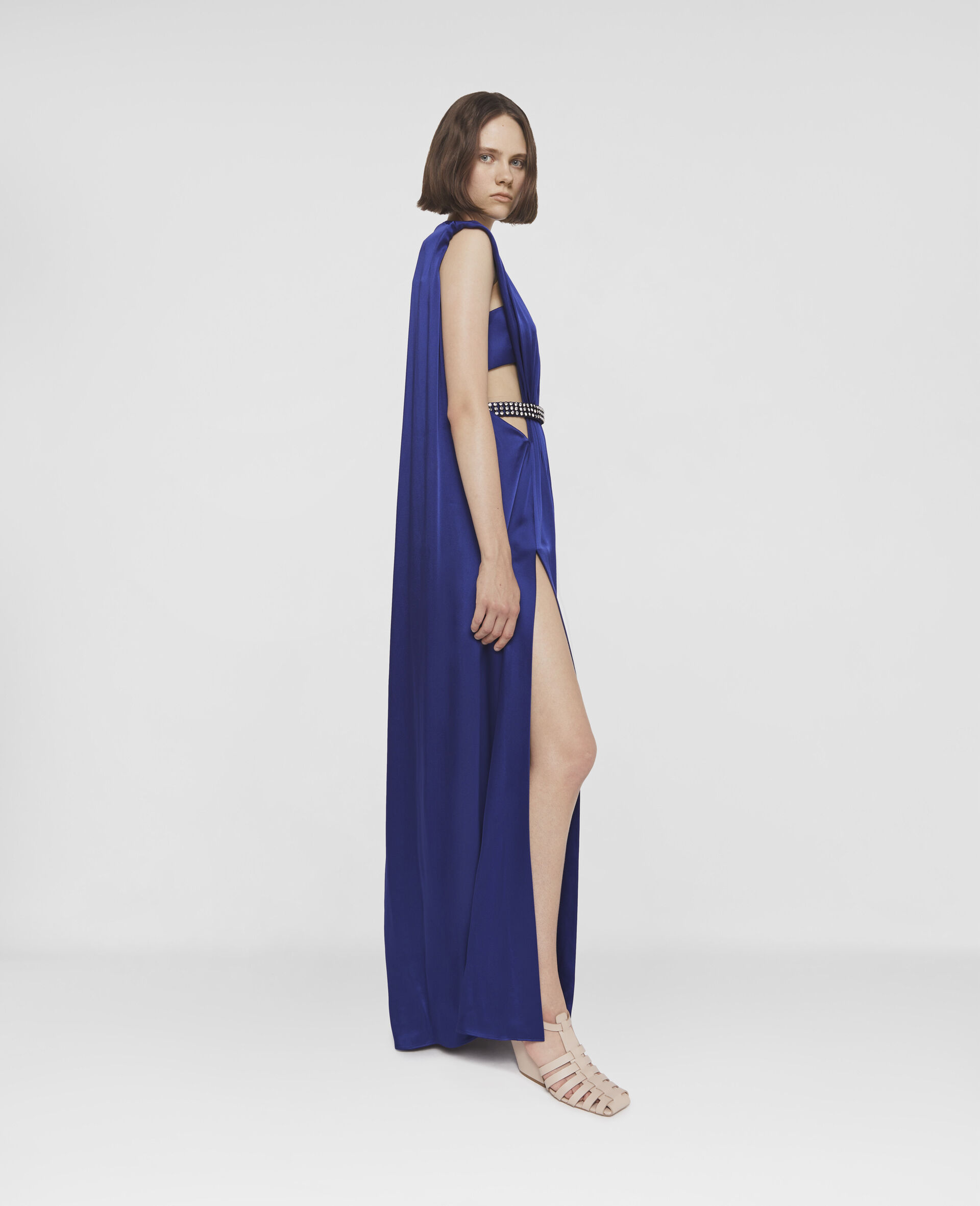 Robe de soiree en satin double ceinturee et plissee-Bleu-large image number 2