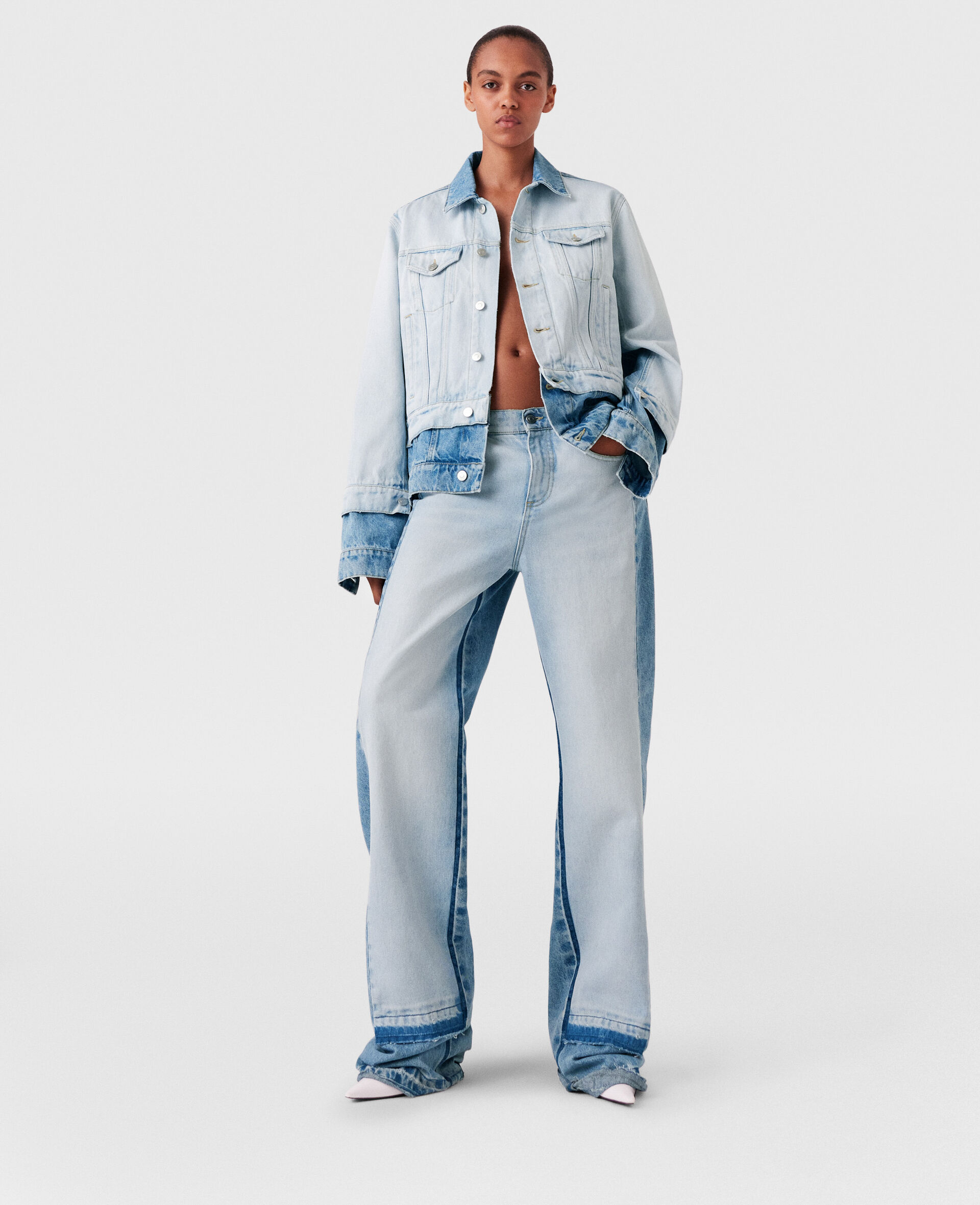 Contrast Panel Straight Leg Jeans-Blue-model Contrast Panel Straight Leg Jeans-Blue-model