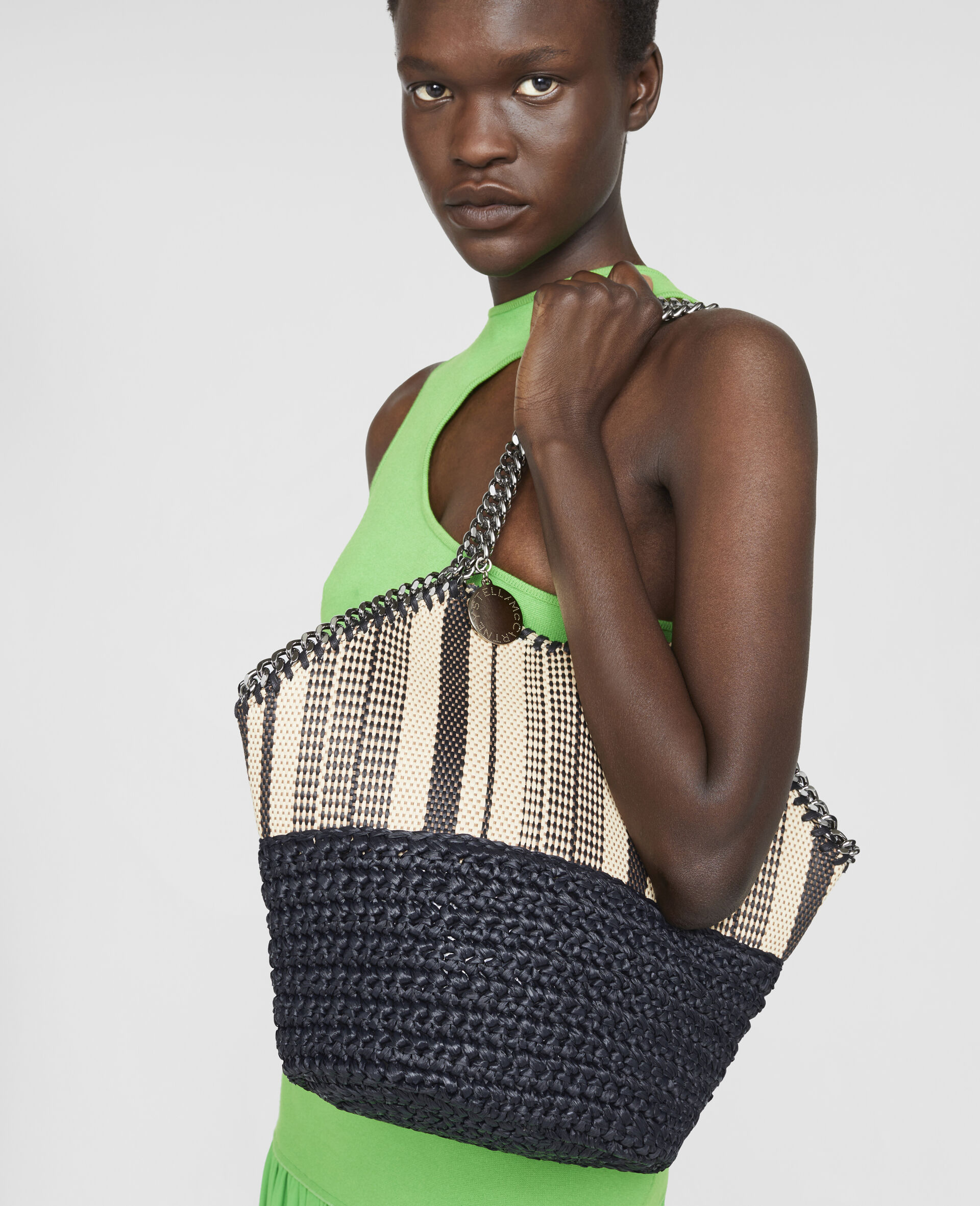 Falabella Medium Striped Raffia Tote-Black-large image number 4