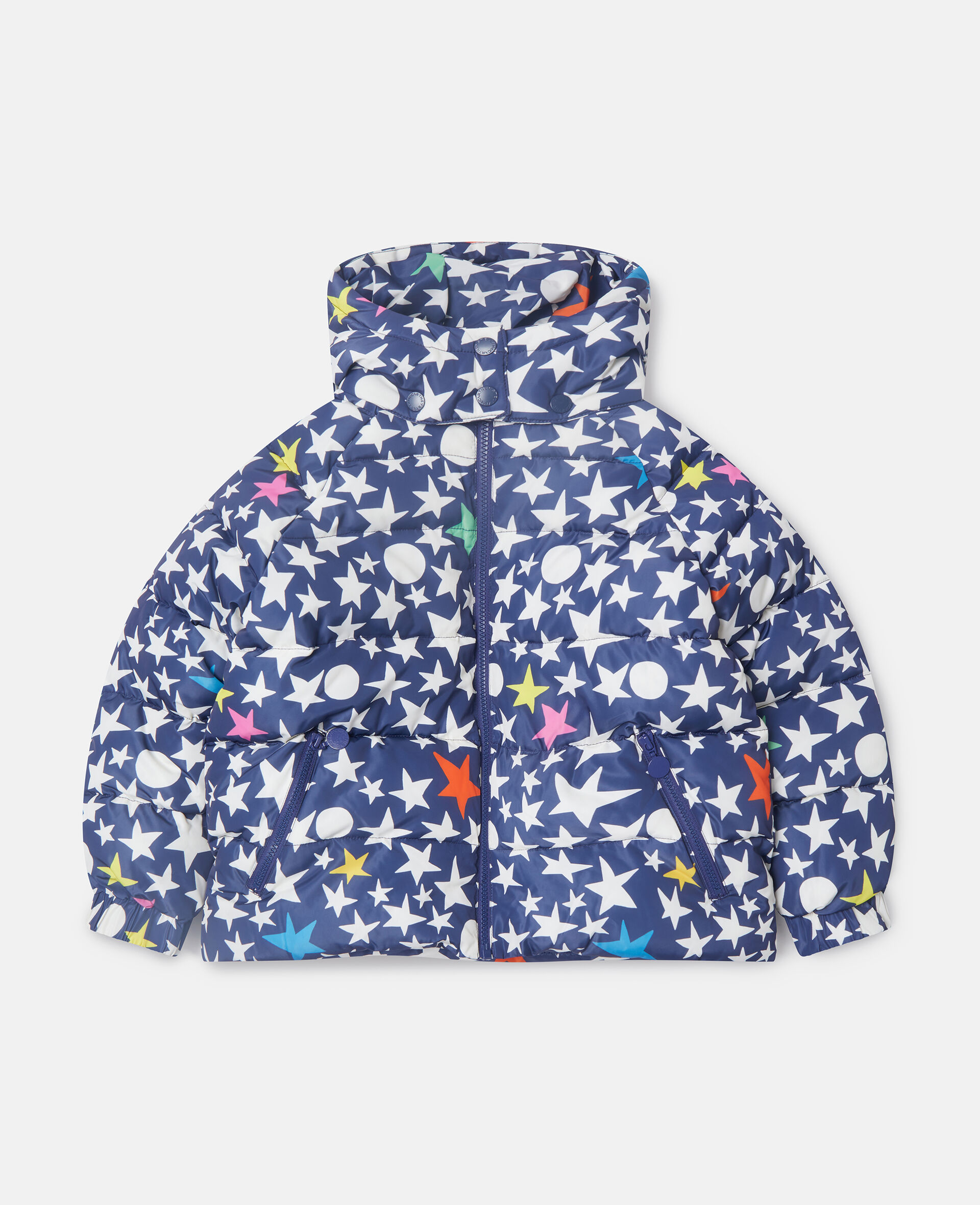 Star Print Hooded Puffer Coat-Blue-medium