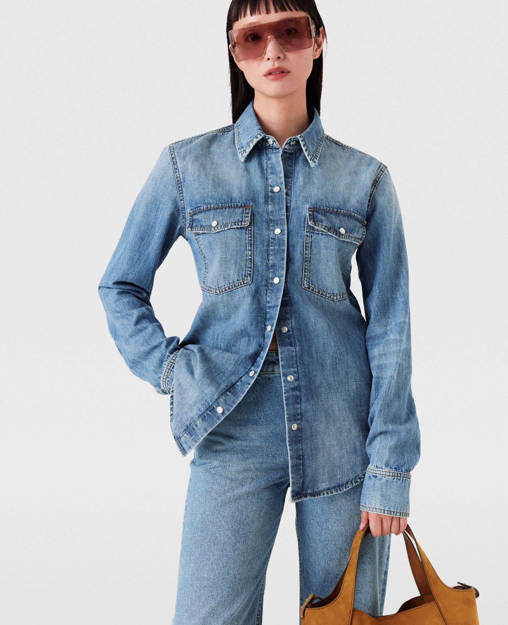 Vintage Wash Denim Shirt-Blue-model Vintage Wash Denim Shirt-Blue-model