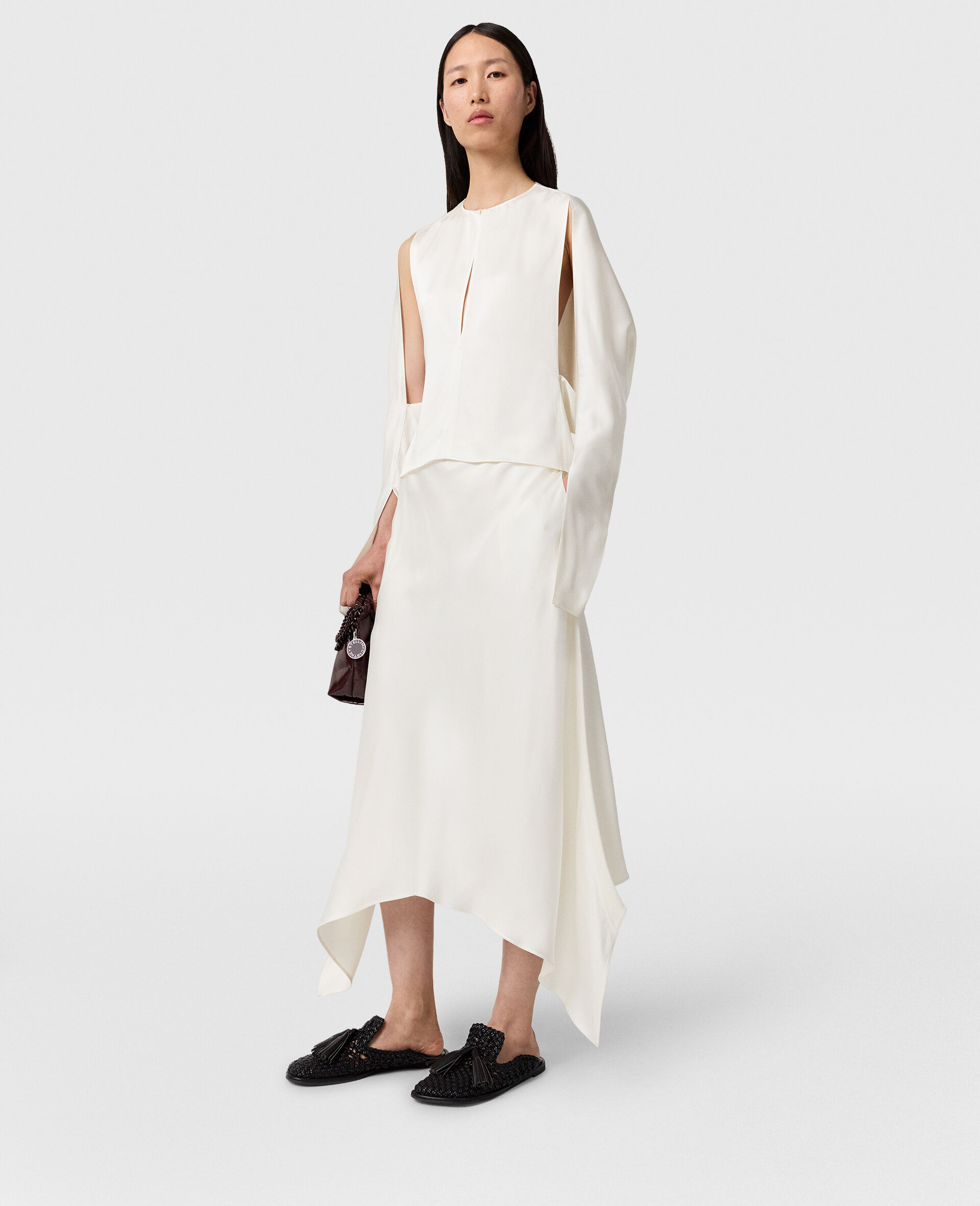 Curved Hem Satin Midi Skirt-Beige-model