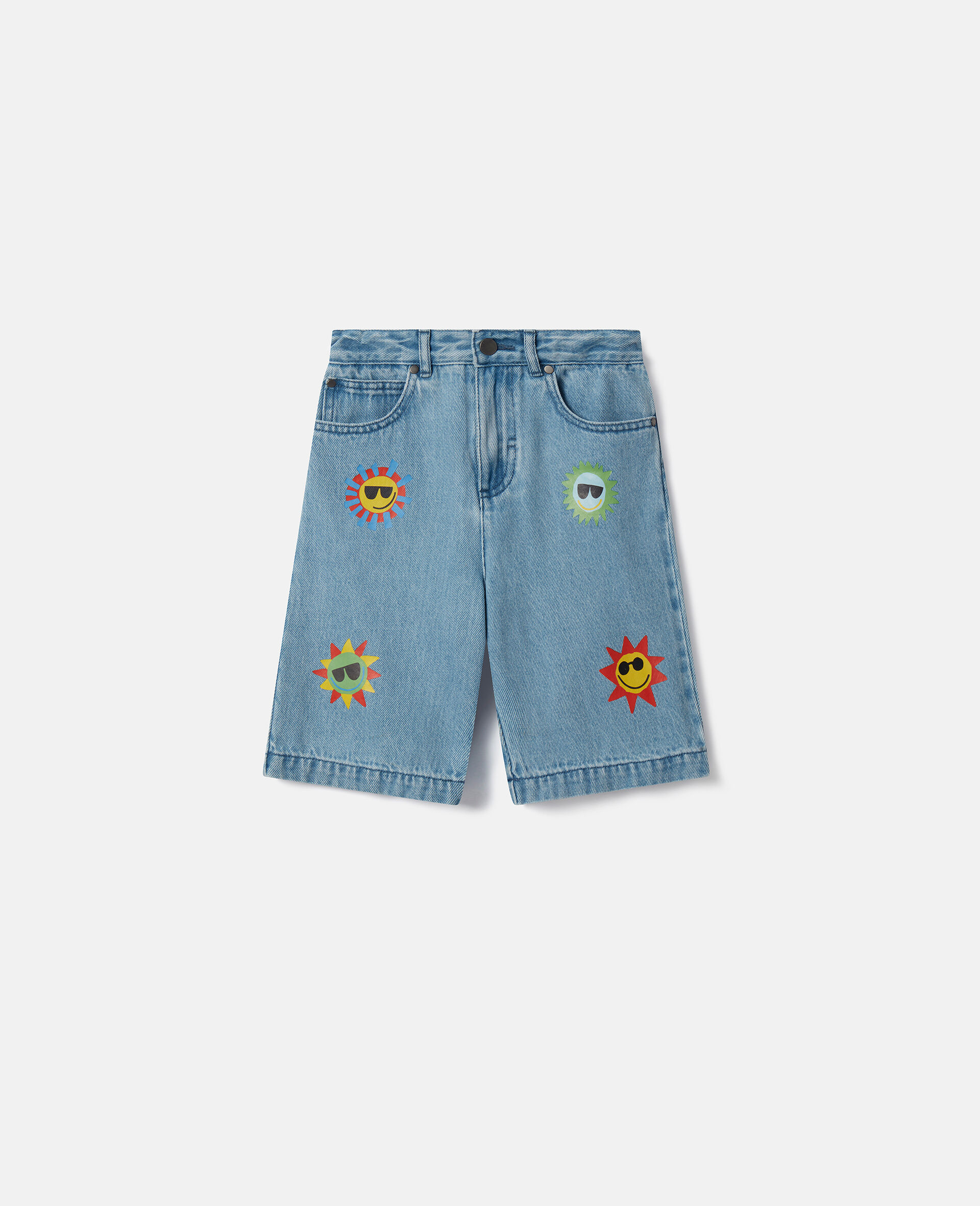 Sunshine Print Denim Shorts-Blue-model