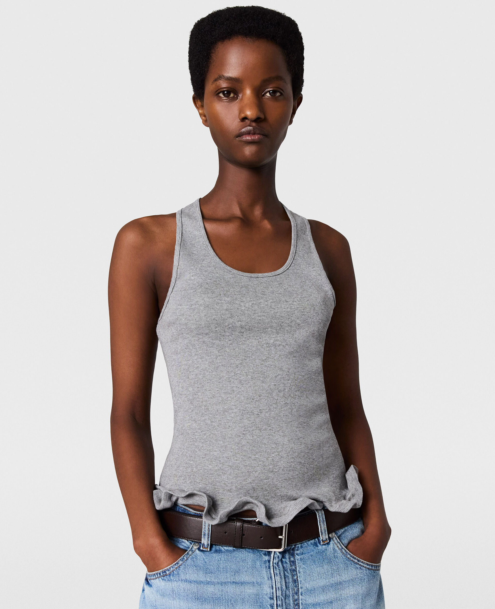 Frilled Hem Ribbed Tank Top-Grey-medium