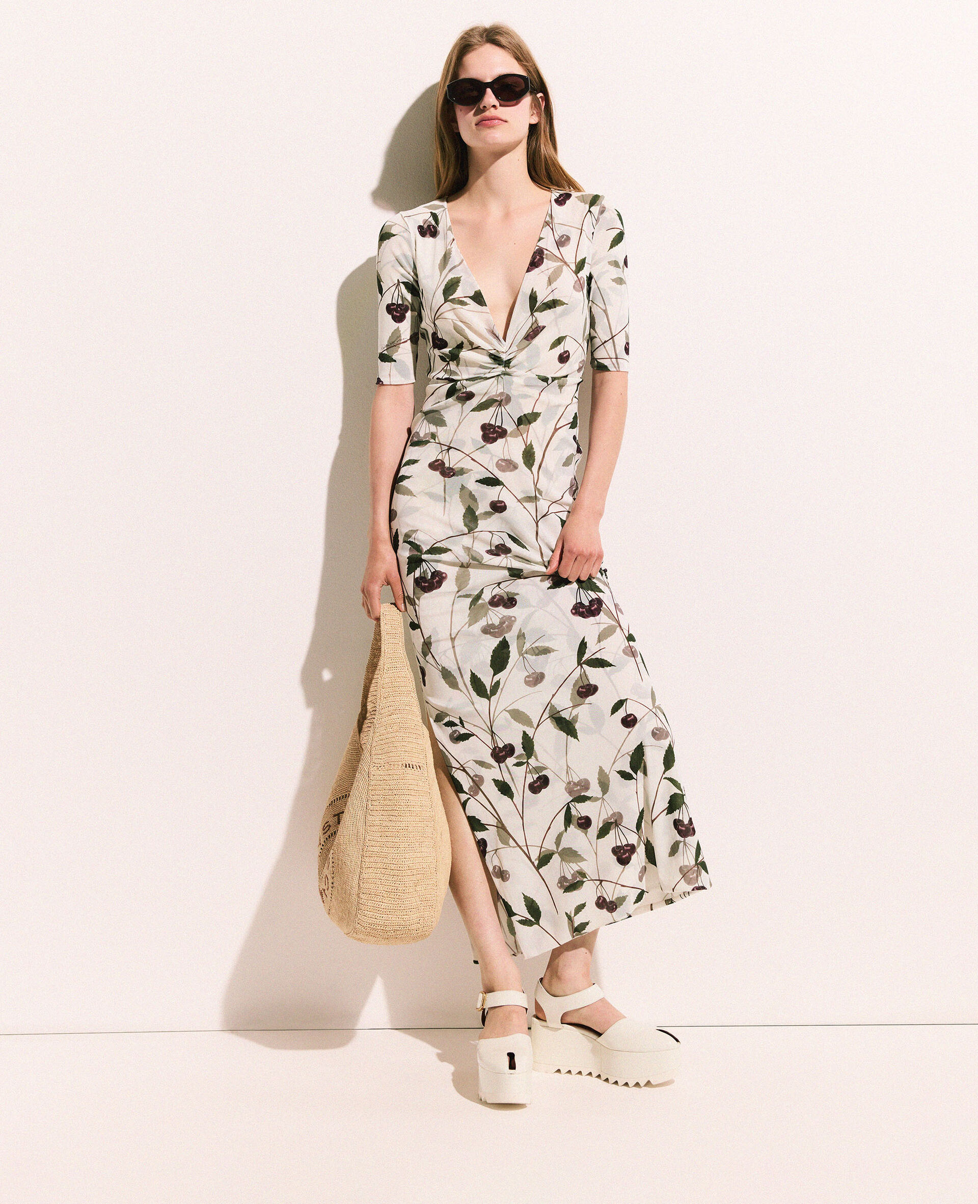 Cherry Print Mesh Half Sleeve Midi Dress-Beige-model