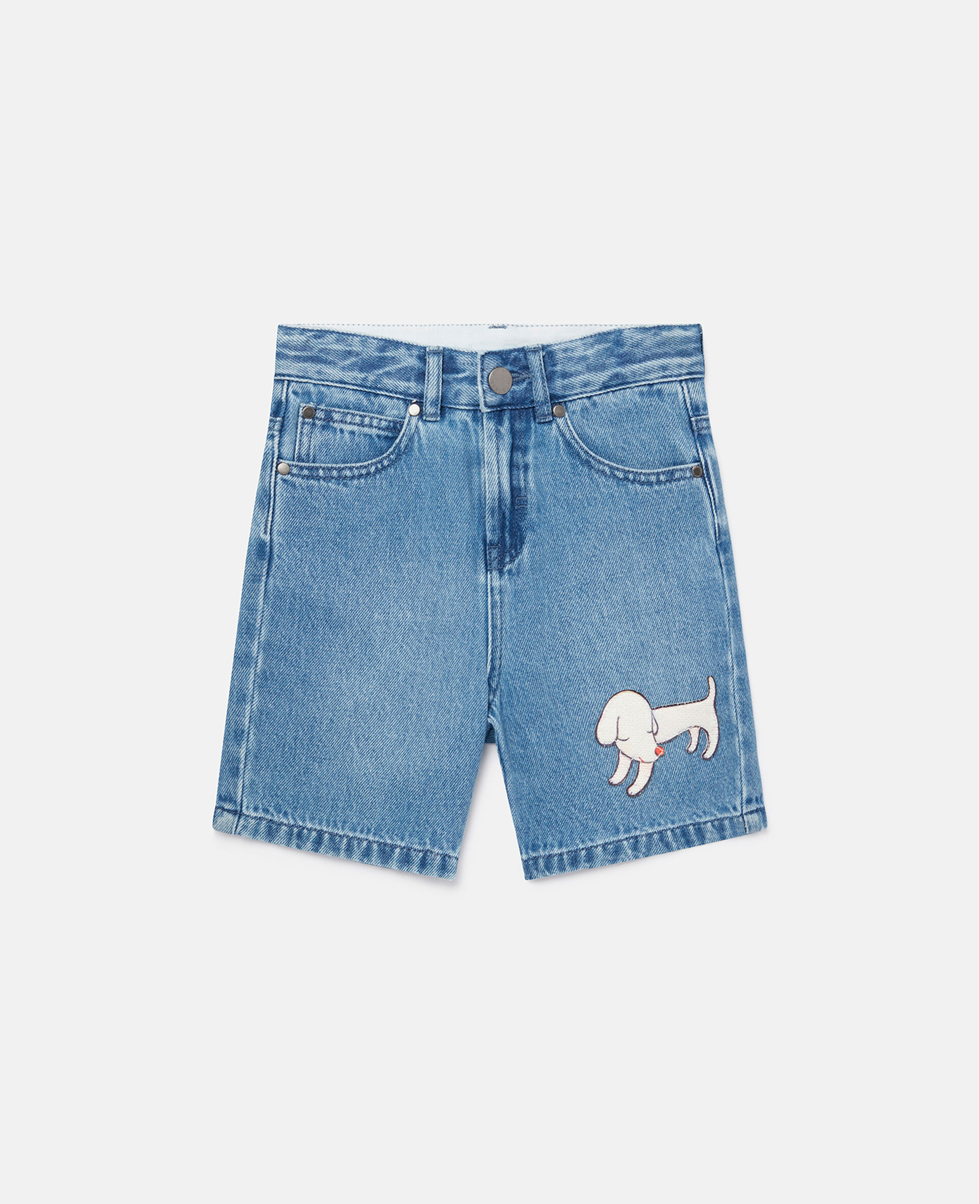 Pantaloncini in Denim con Ricamo Lonesome Puppy-Blu-large image number 0